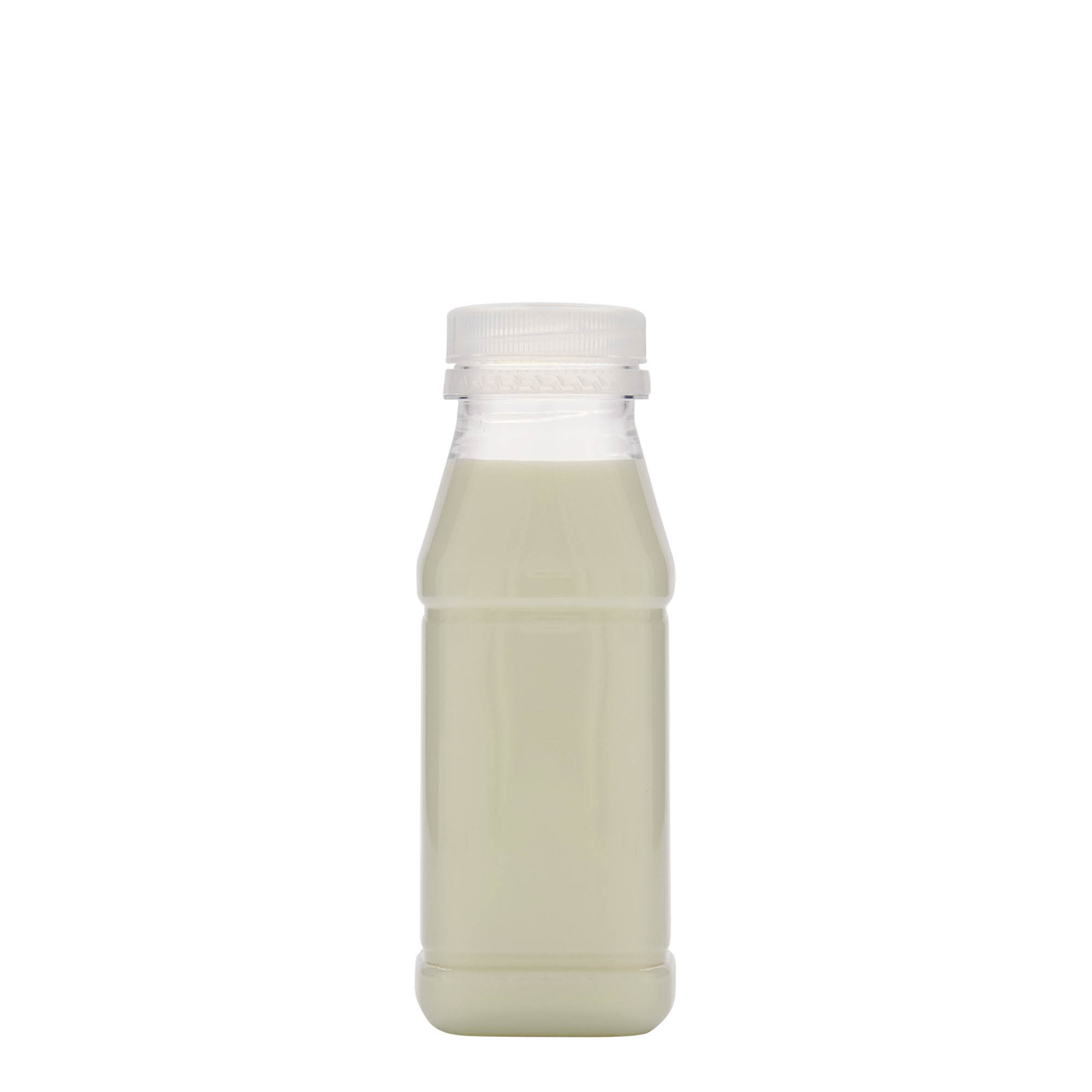 Sticlă PET de 250 ml „Milk and Juice Carré”, pătrată, din plastic, gât: 38 mm Sticlă PET de 250 ml „Milk and Juice Carré”, pătrată, din plastic, gât: 38 mm