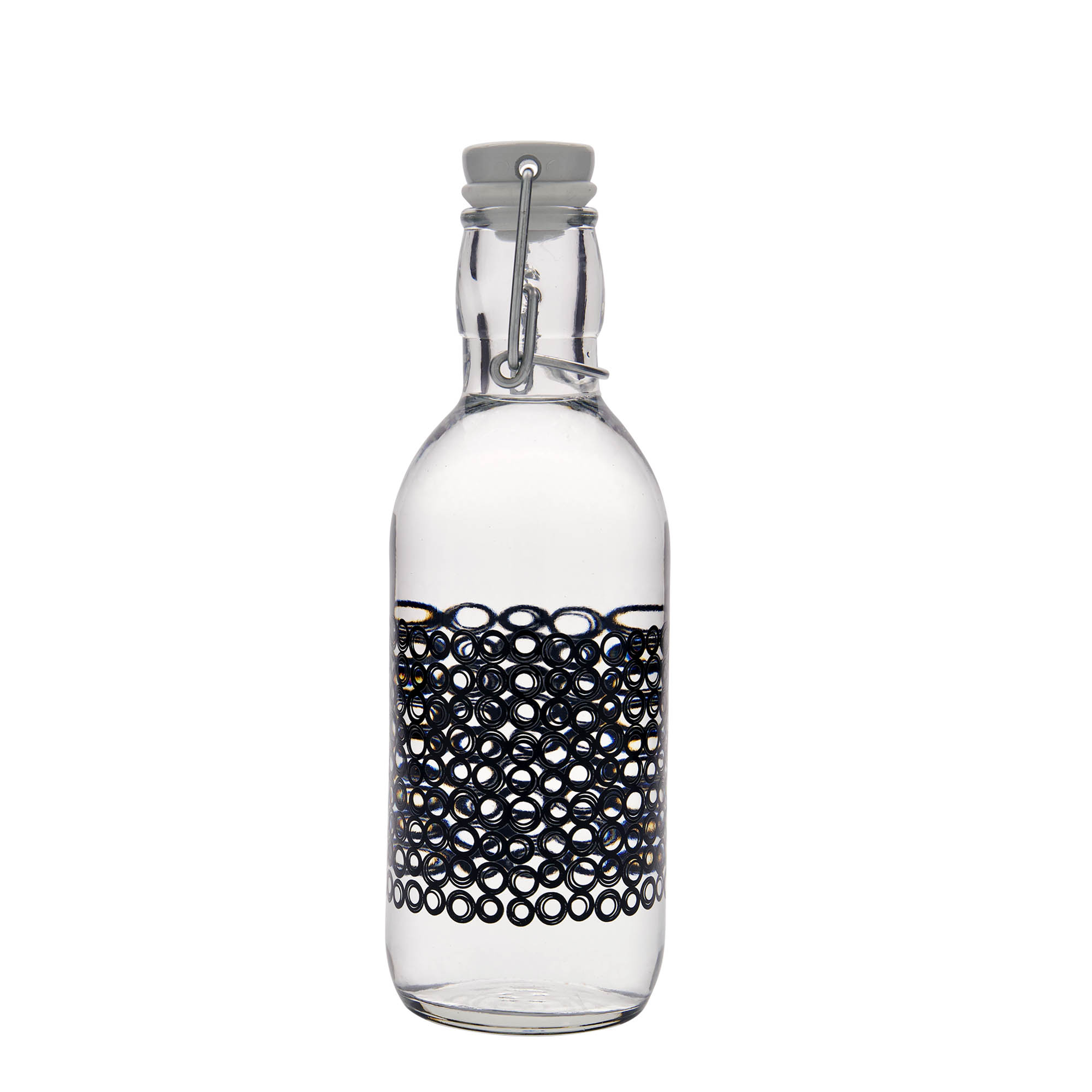 Sticlă de sticlă de 500 ml „Emilia”, motiv: Circola nero, gât: închidere cu clemă Sticlă de sticlă de 500 ml „Emilia”, motiv: Circola nero, gât: închidere cu clemă
