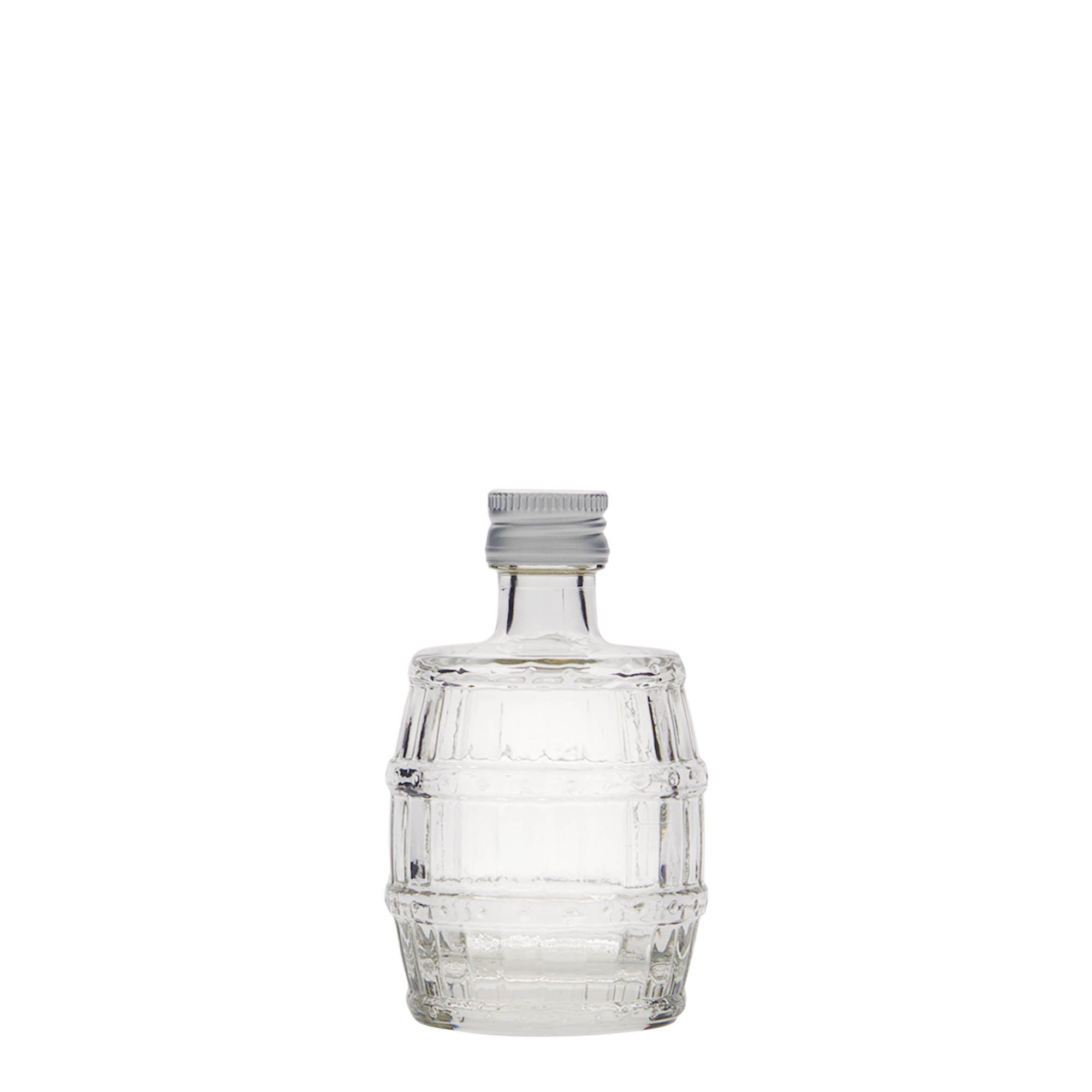 Sticlă de sticlă de 50 ml „butoi”, gura: PP 18 Sticlă de sticlă de 50 ml „butoi”, gura: PP 18
