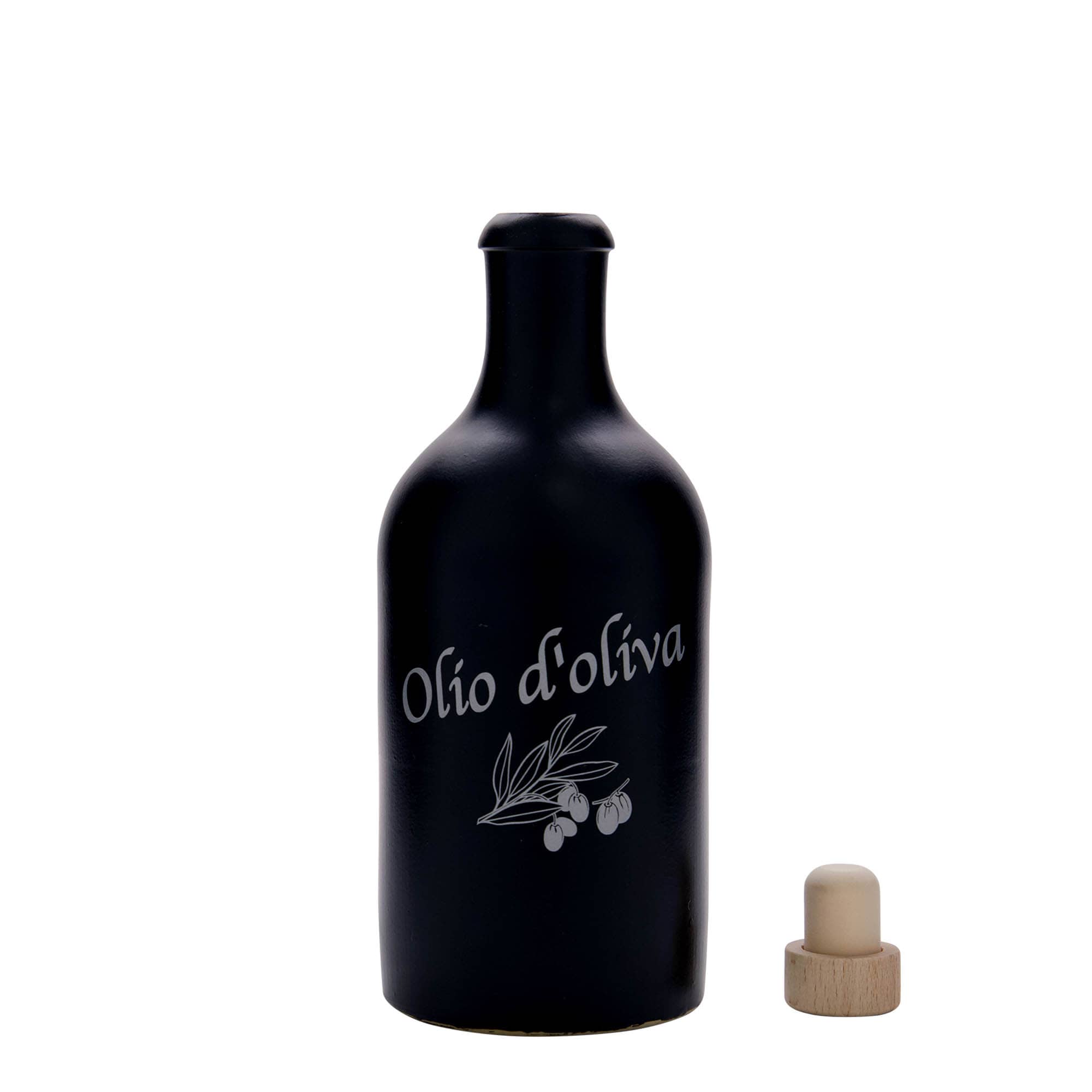 500 ml ulcior de lut, motiv: ulei de măsline, ceramică, negru, gură: dop de plută