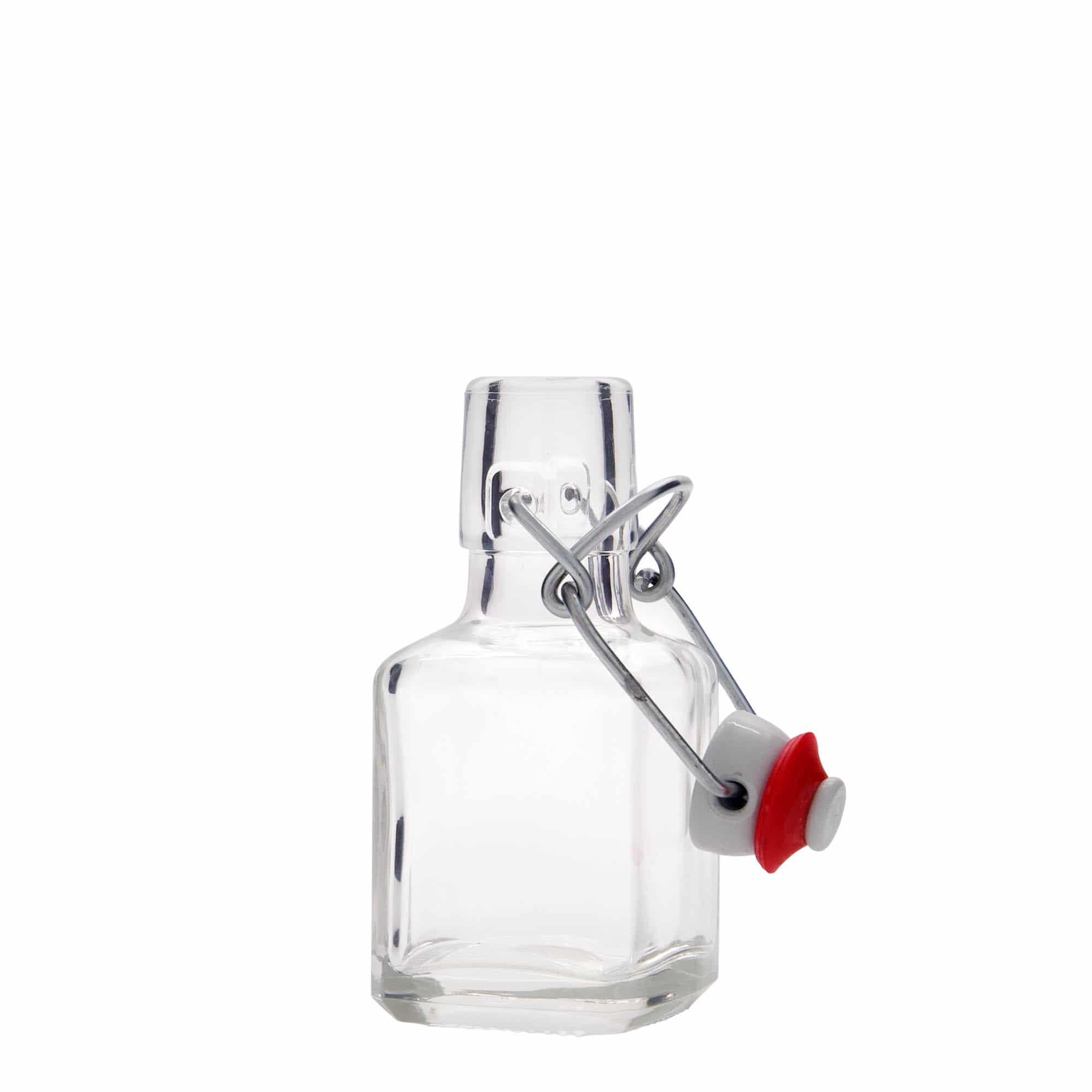 Sticlă de sticlă de 100 ml „Kubica”, pătrată, gura: închidere cu clemă