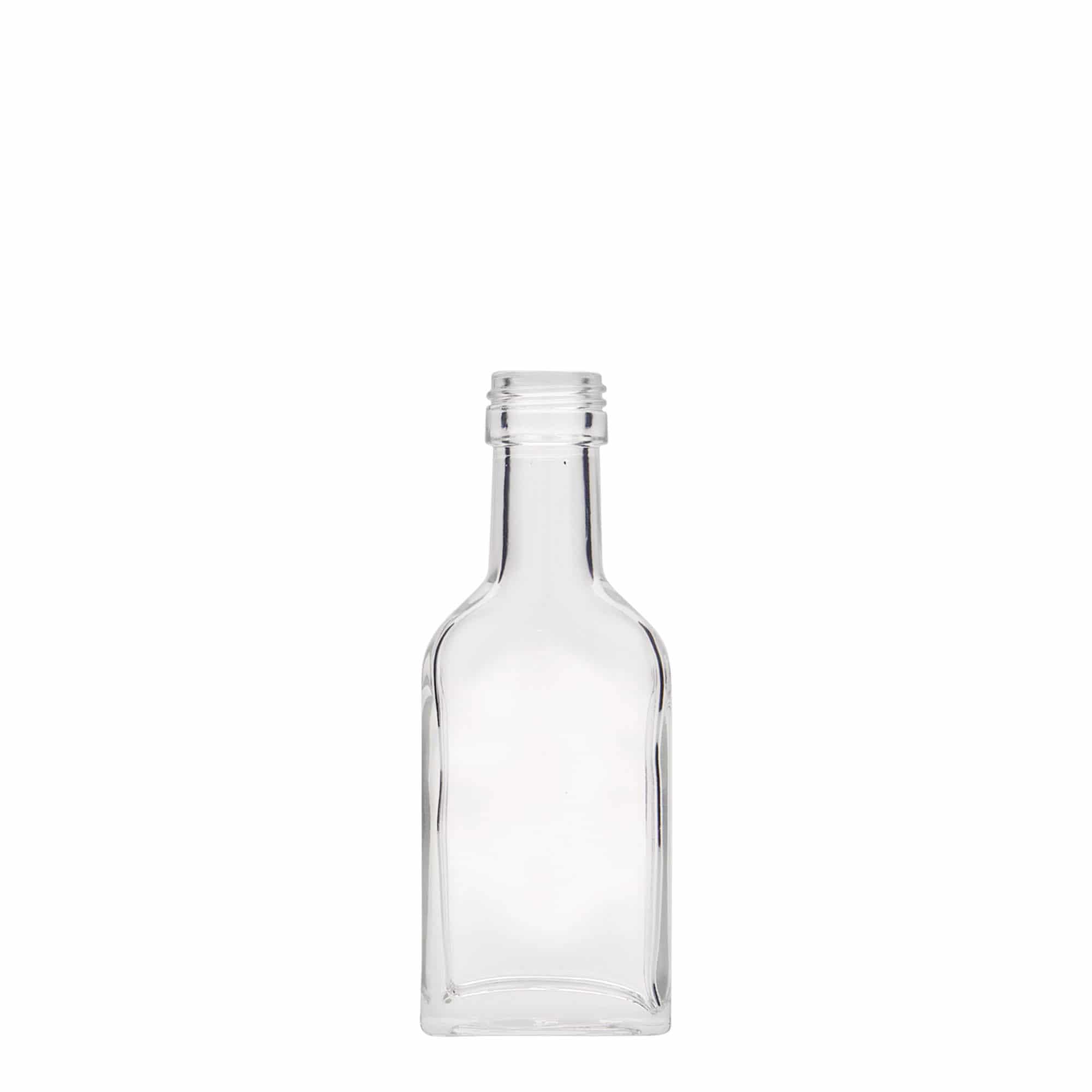 Sticluță de buzunar 40 ml, gât lung, dreptunghiulară, sticlă, gură: PP 22