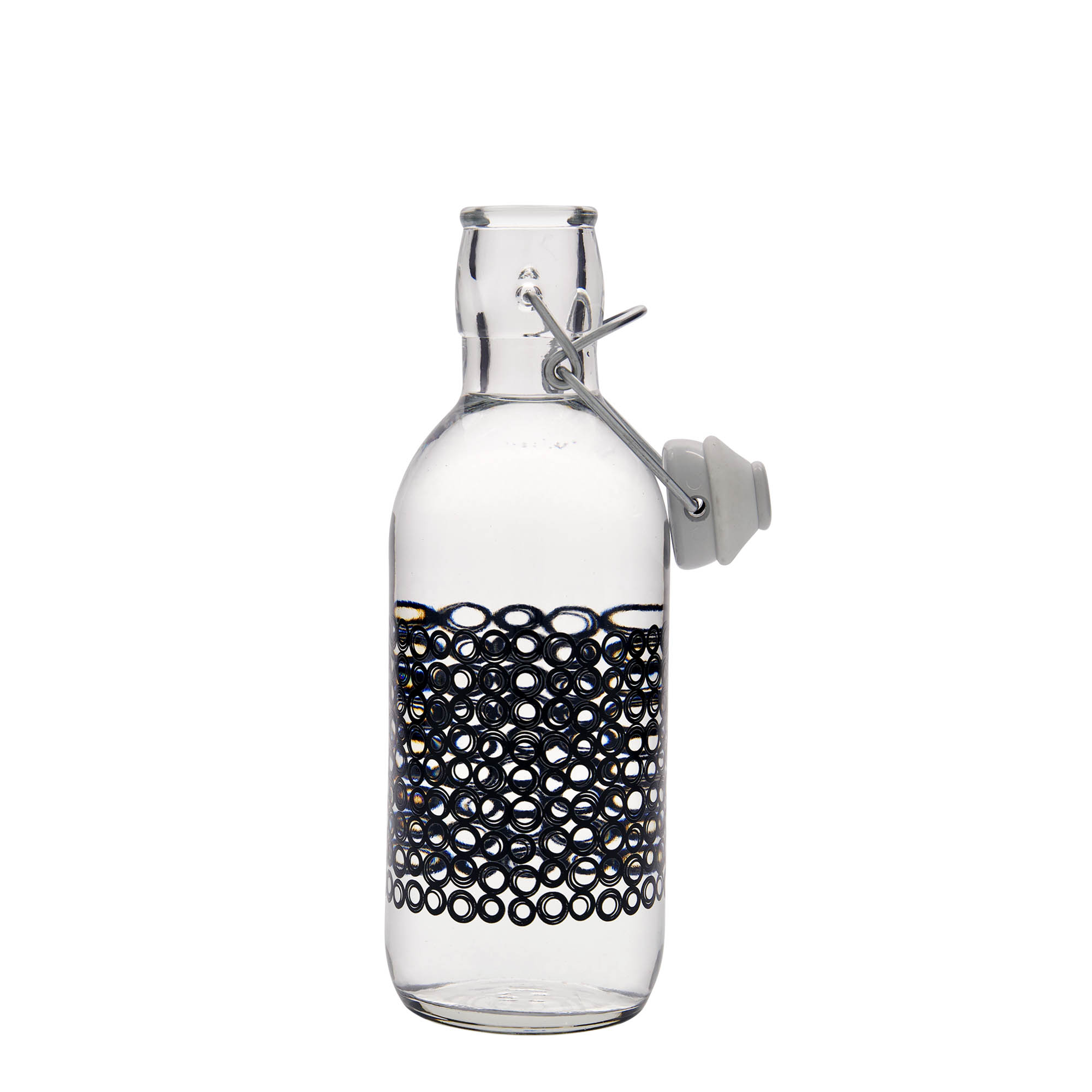 Sticlă de sticlă de 500 ml „Emilia”, motiv: Circola nero, gât: închidere cu clemă Sticlă de sticlă de 500 ml „Emilia”, motiv: Circola nero, gât: închidere cu clemă
