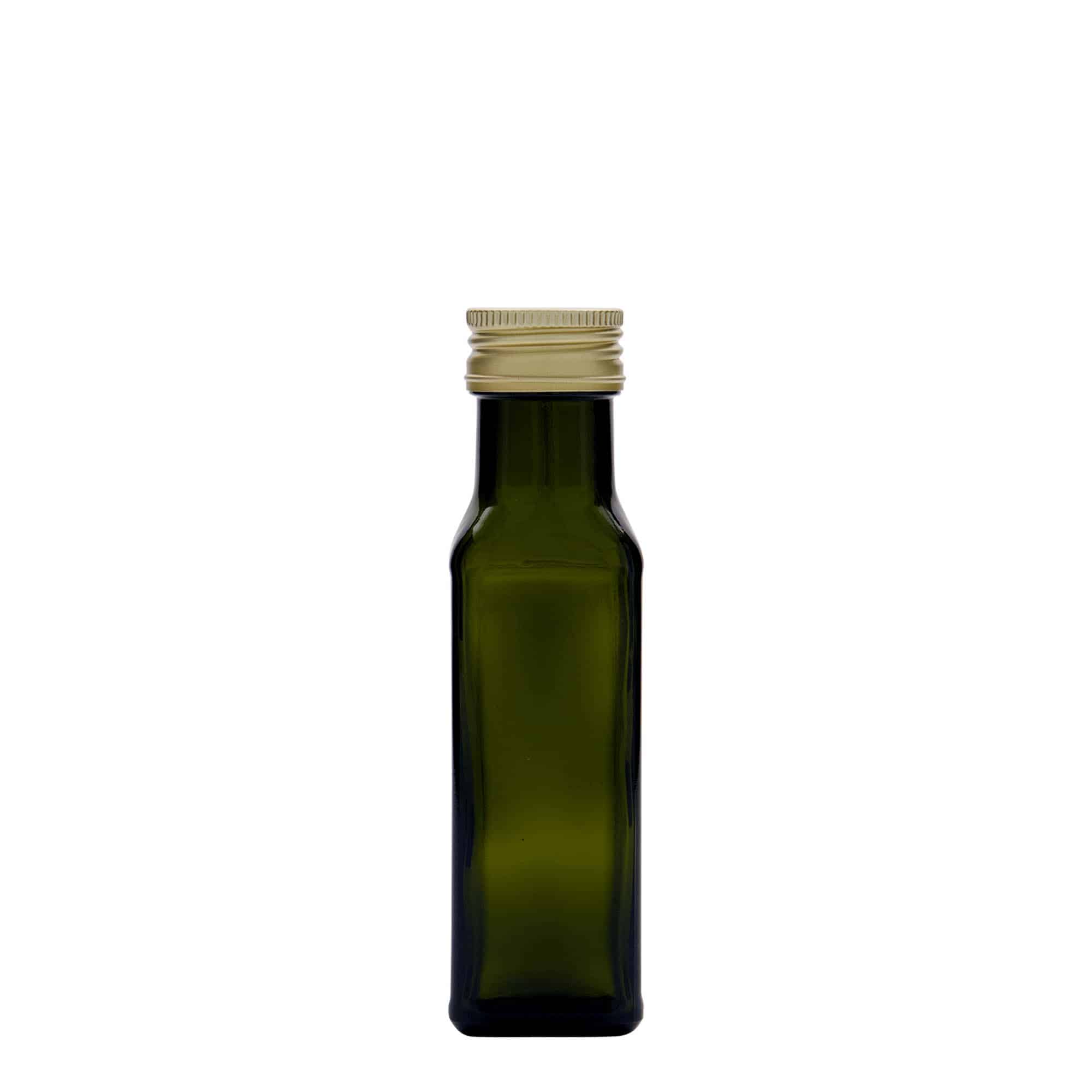 Sticlă de sticlă de 100 ml „Marasca”, pătrată, verde antic, gura: PP 31,5