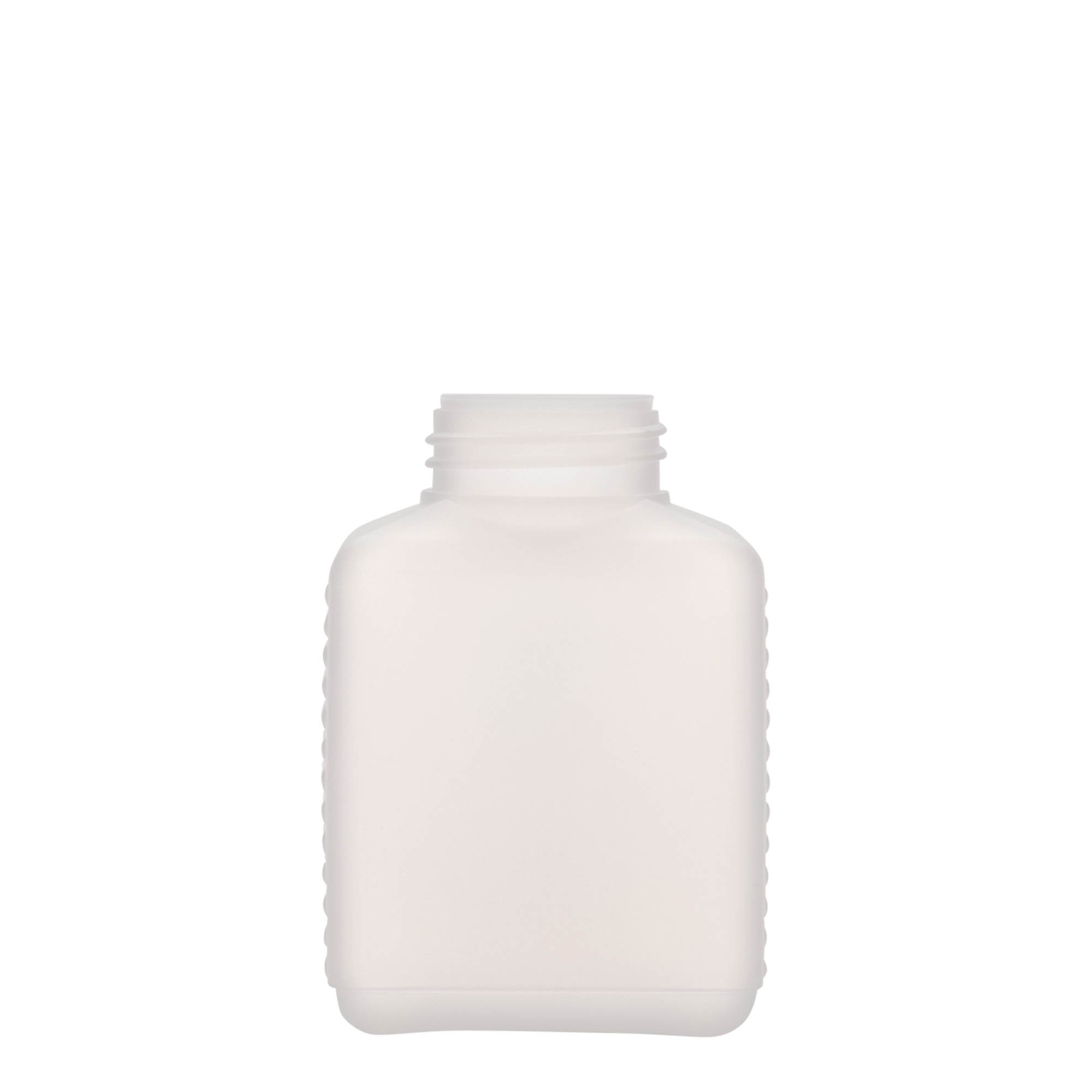 250 ml sticlă cu gât larg, dreptunghiulară, plastic HDPE, natural, gură: DIN 40 EPE