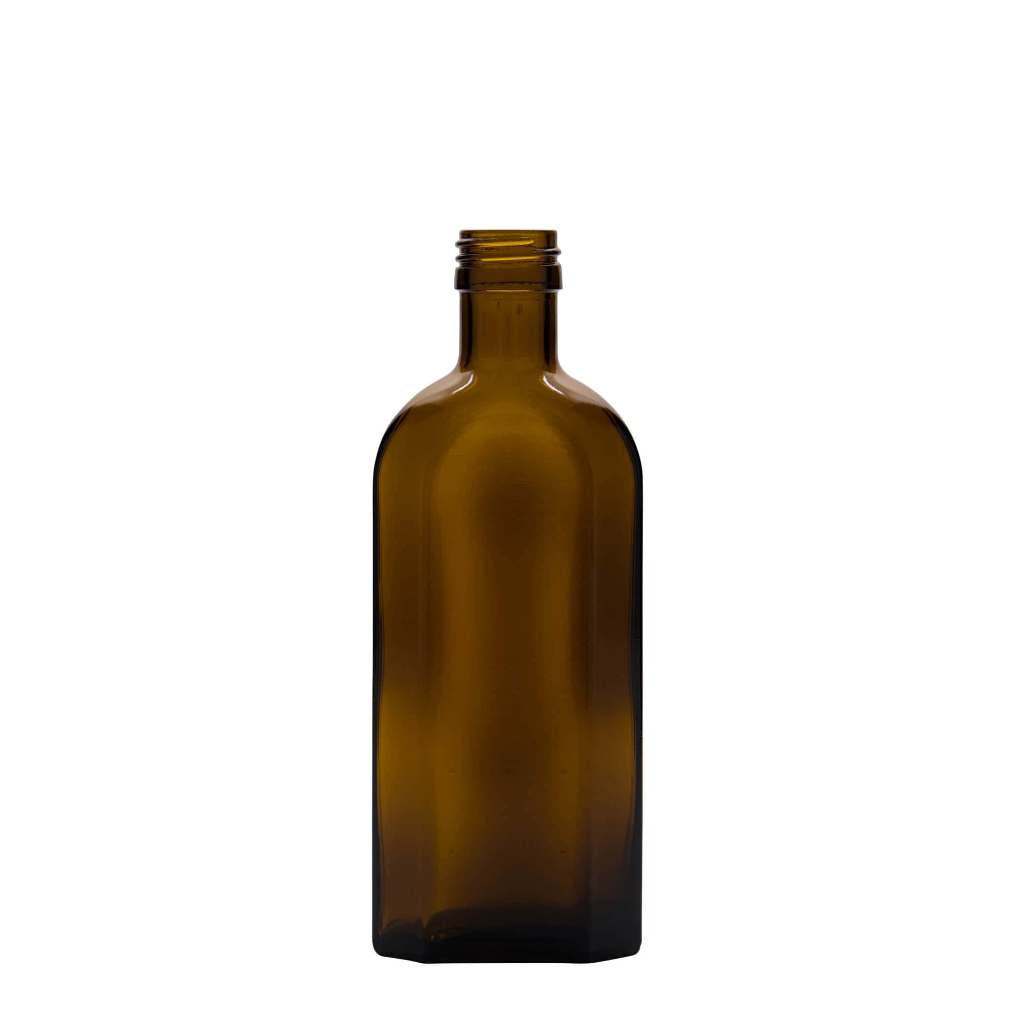 250 ml sticlă medicală Meplat, ovală, sticlă, maro, gura: PP 28
