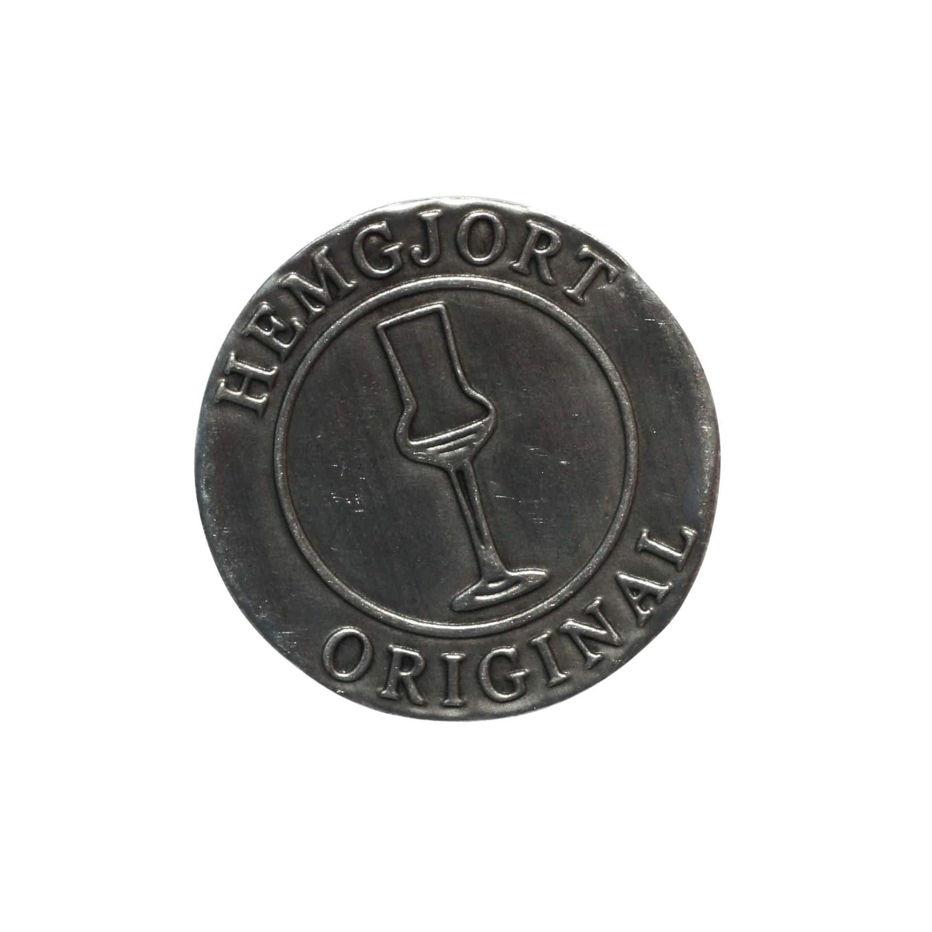 Etichetă de tablă „Hemgjort Original”, rotundă, metal, argintiu Etichetă de tablă „Hemgjort Original”, rotundă, metal, argintiu