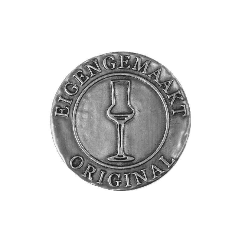 Etichetă de tablă „Eigengemaakt”, rotundă, metal, argintiu Etichetă de tablă „Eigengemaakt”, rotundă, metal, argintiu