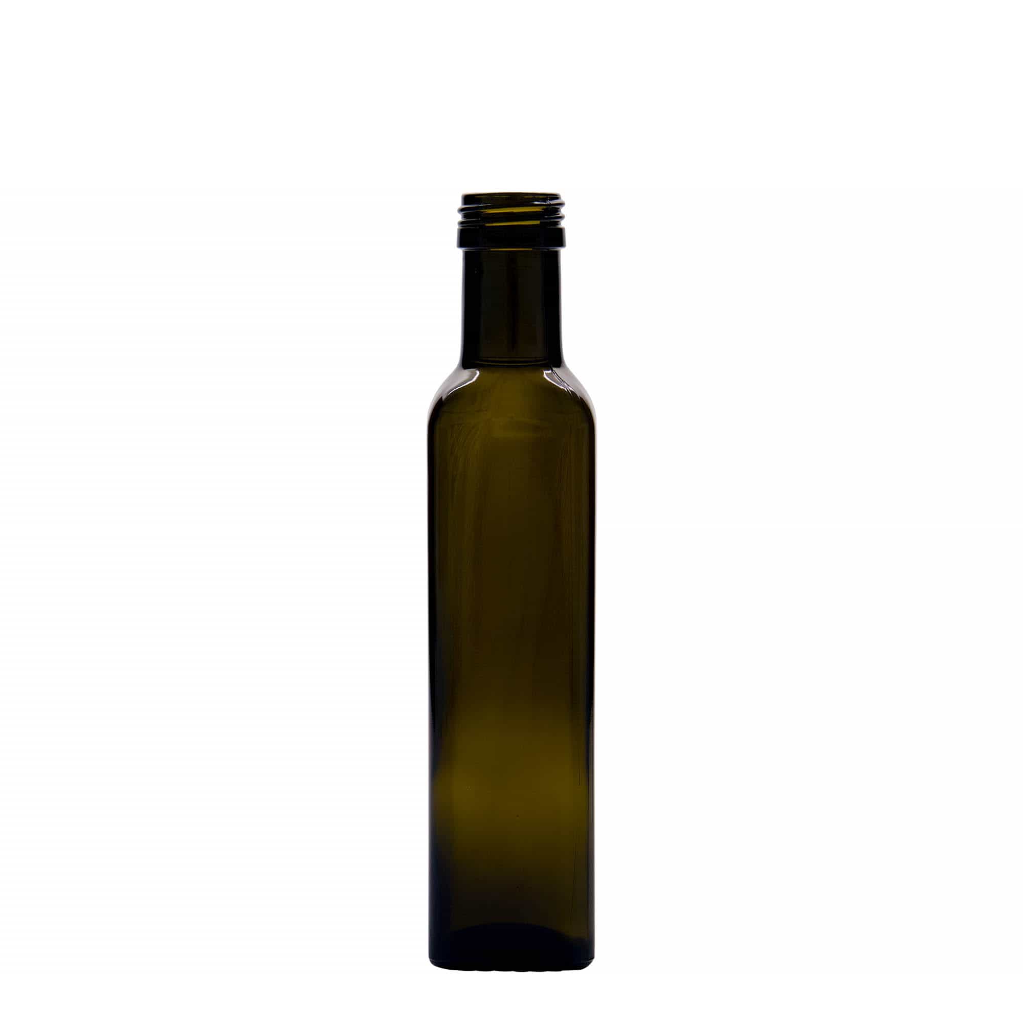 Sticlă de sticlă de 250 ml „Marasca”, pătrată, verde antic, gura: PP 31,5