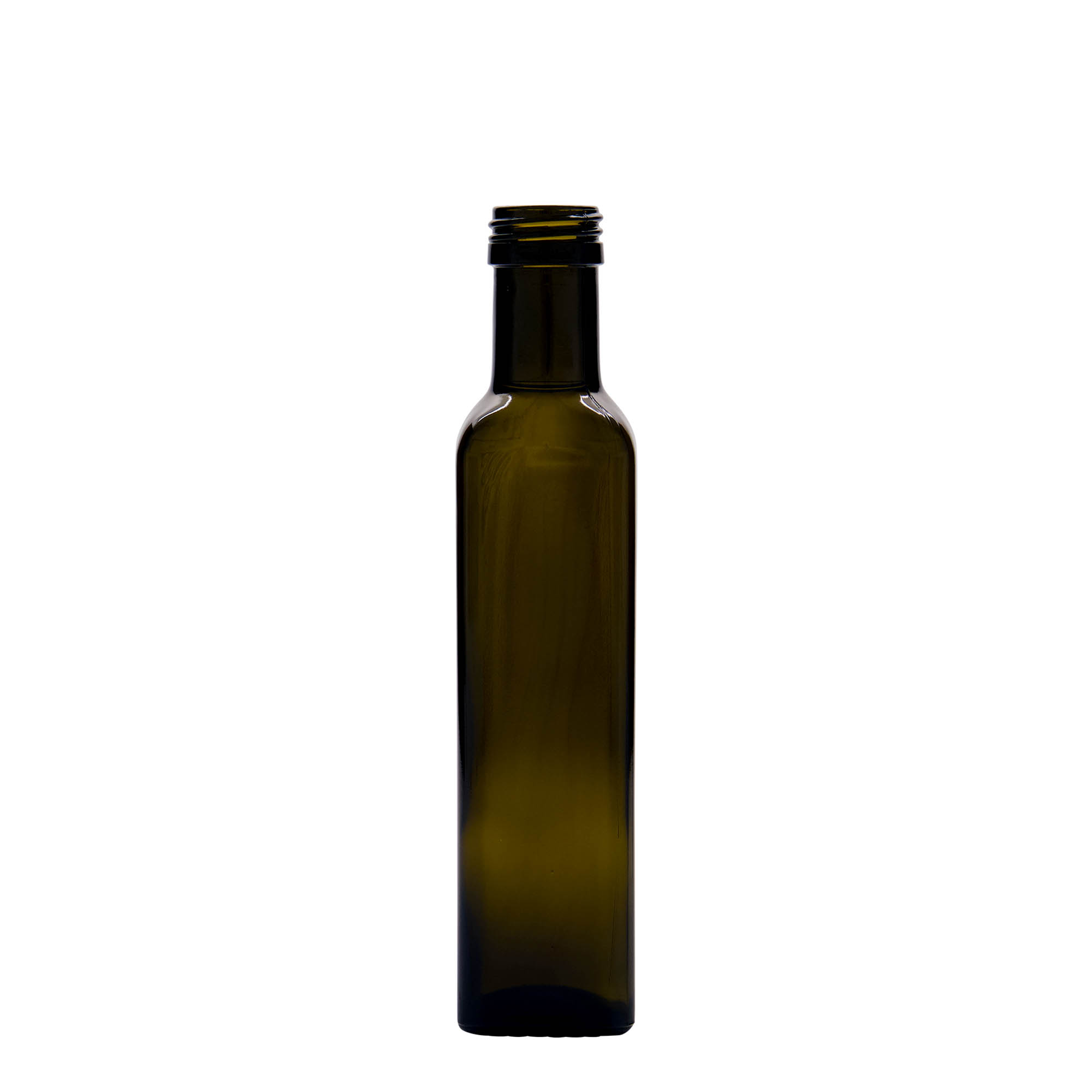 Sticlă de sticlă de 250 ml „Marasca”, pătrată, verde antic, gura: PP 31,5 Sticlă de sticlă de 250 ml „Marasca”, pătrată, verde antic, gura: PP 31,5