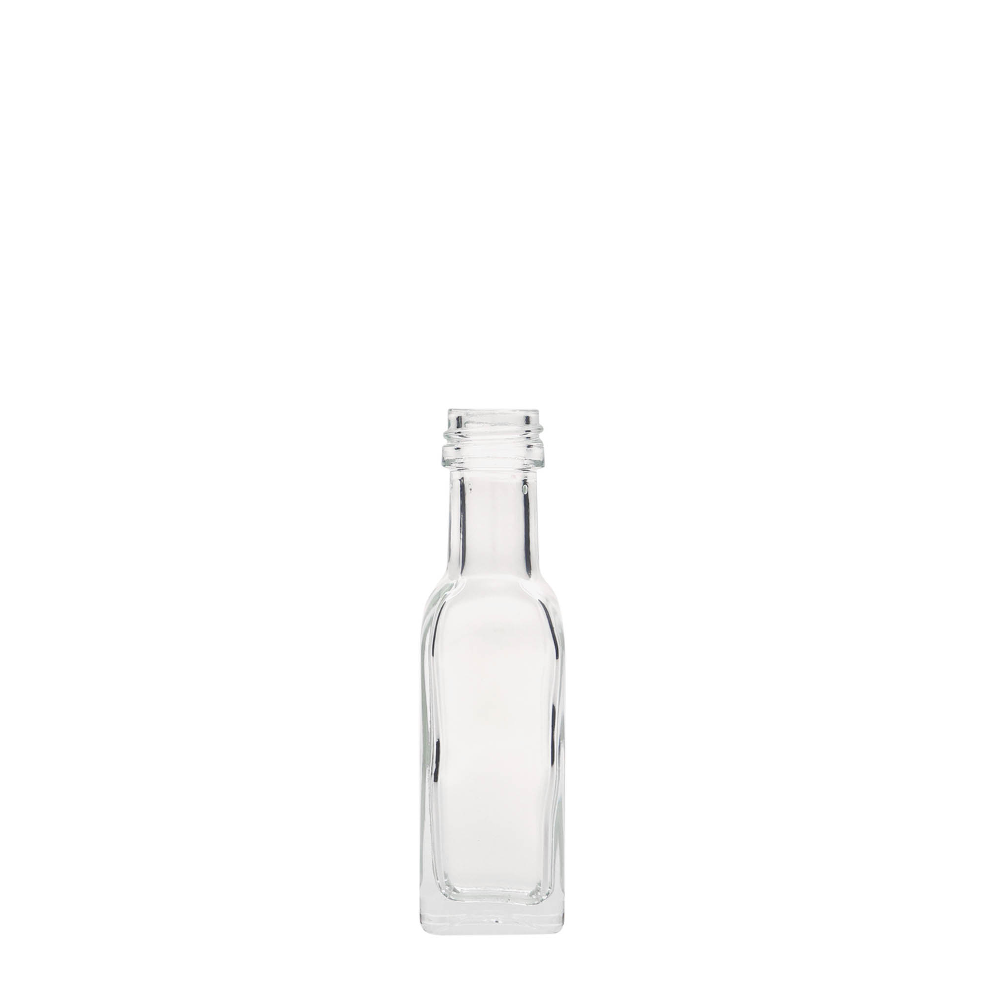 Sticlă de 20 ml din sticlă „Marasca”, pătrată, gura: PP 18