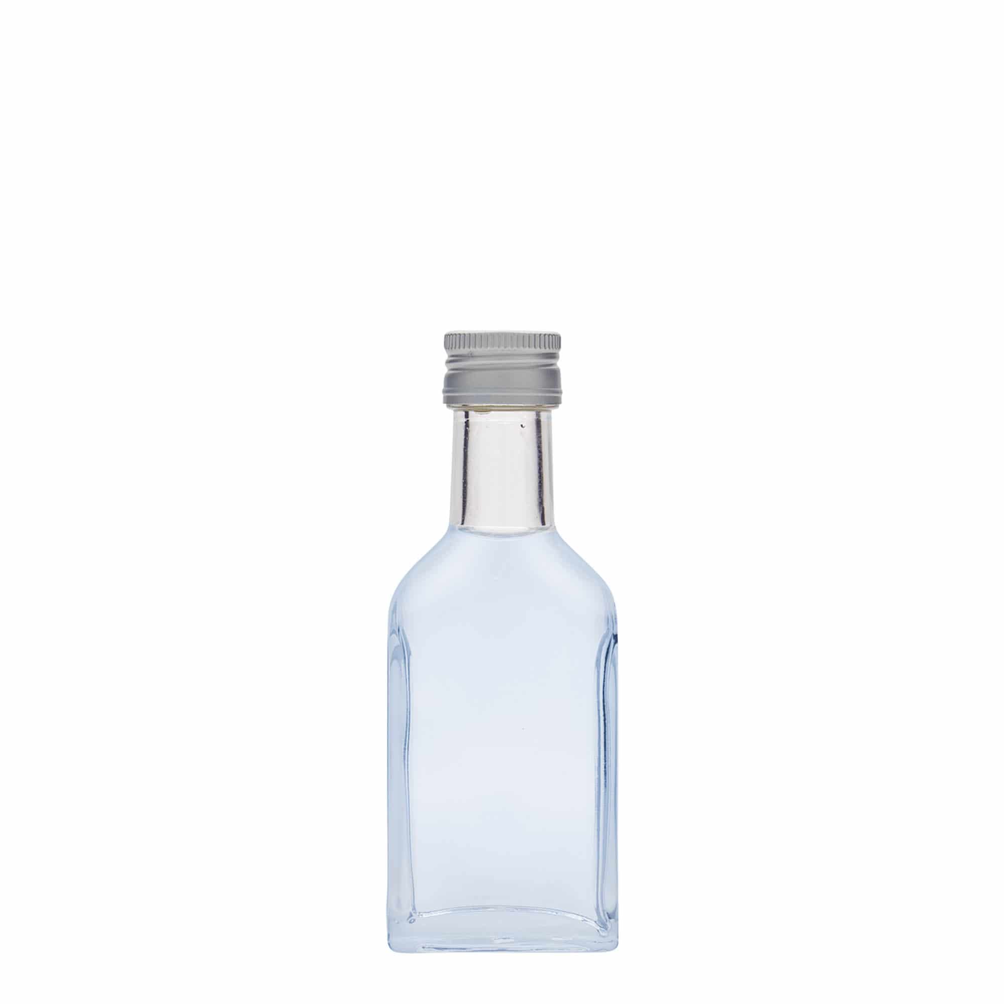 Sticluță de buzunar 40 ml, gât lung, dreptunghiulară, sticlă, gură: PP 22