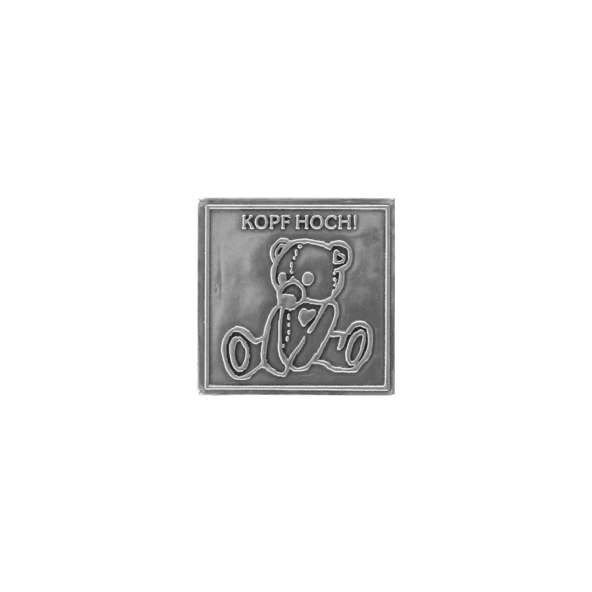 Etichetă de cositor „Capul sus”, pătrată, metal, argintiu