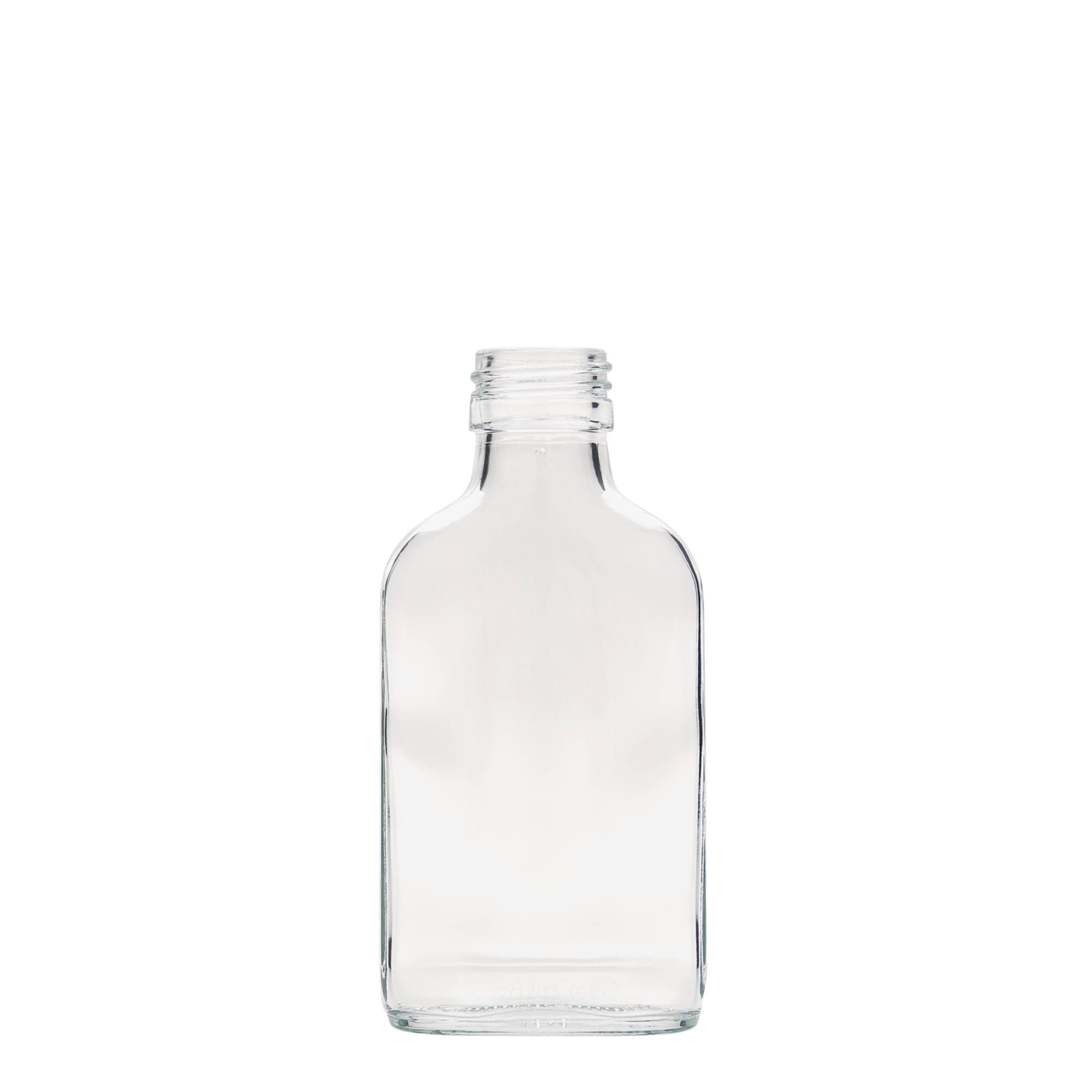 Sticluță de buzunar 100 ml, dreptunghiulară, sticlă, gura: PP 28