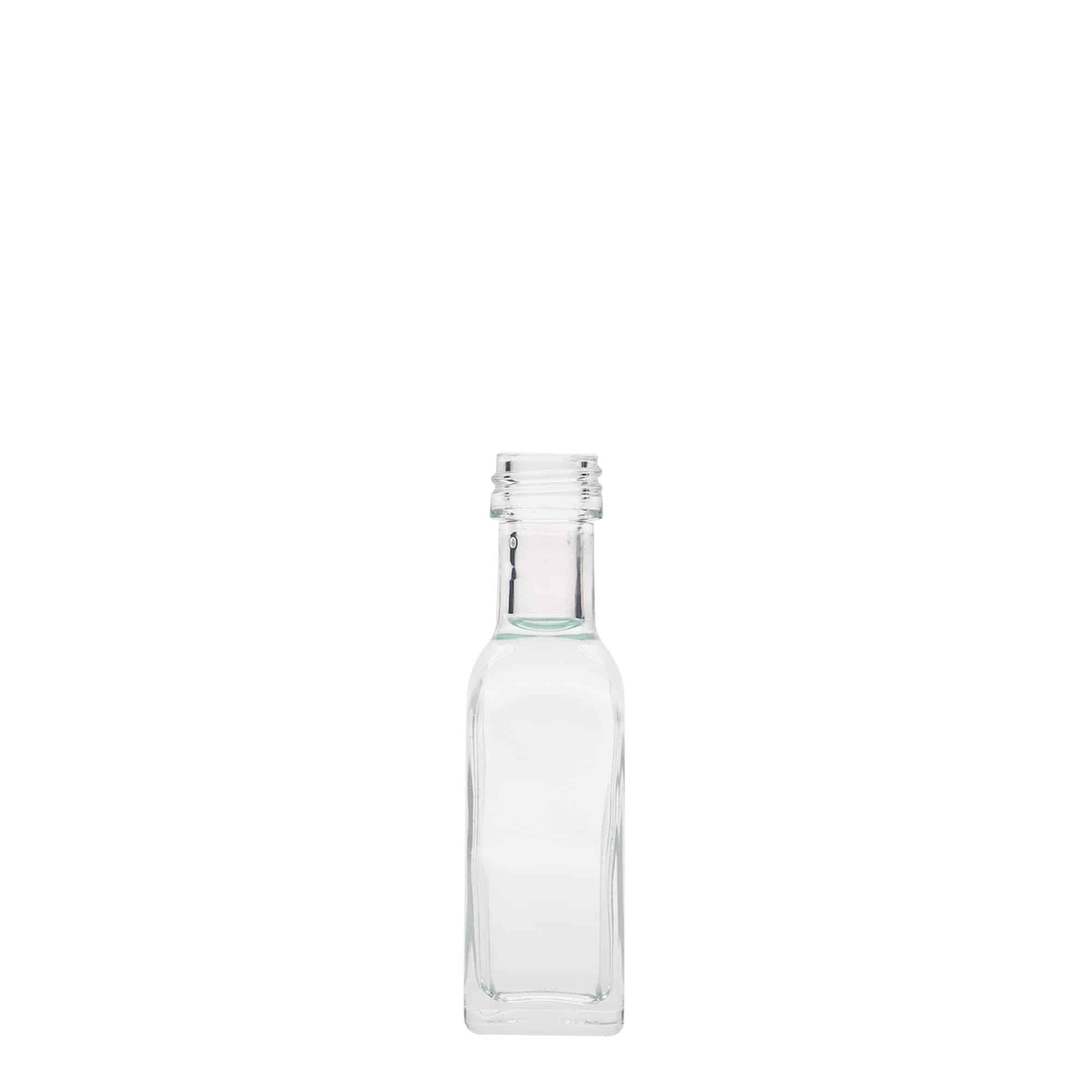 Sticlă de 20 ml din sticlă „Marasca”, pătrată, gura: PP 18
