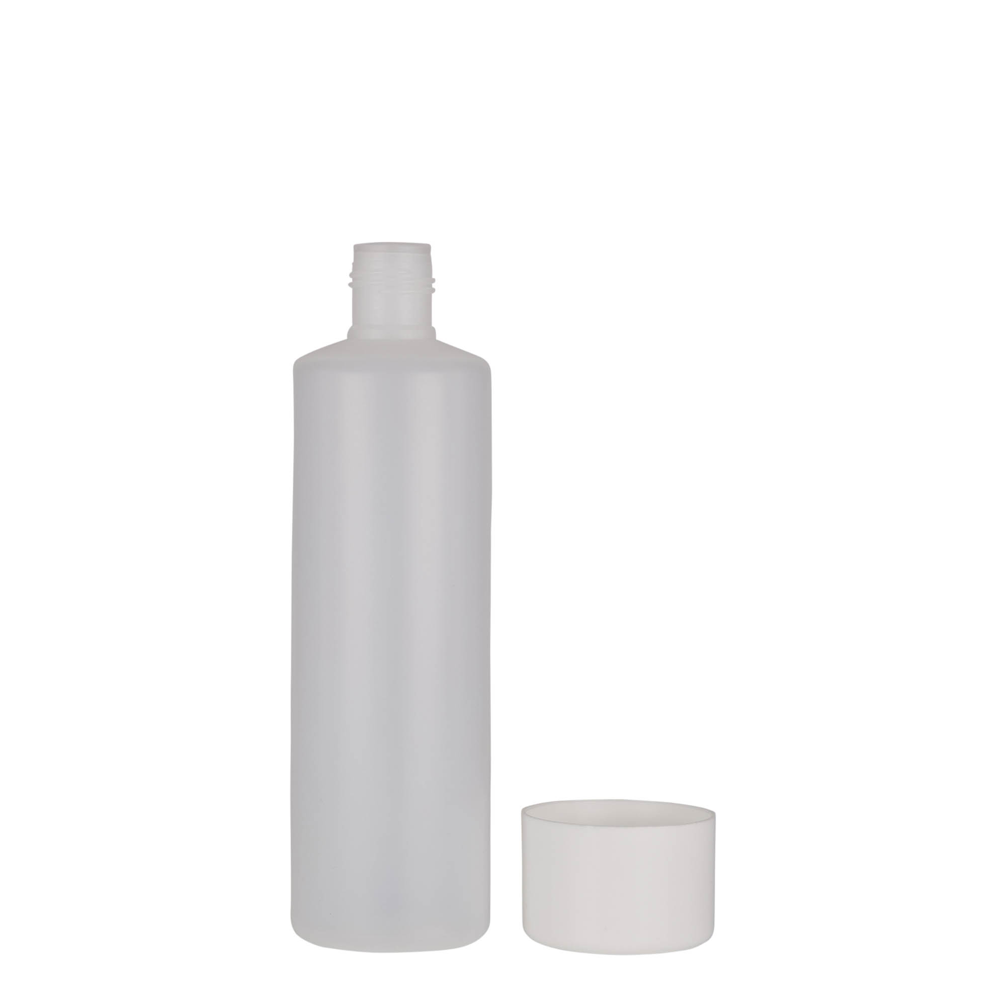 250 ml sticlă rotundă, plastic PE, natural, gura: capac cu filet