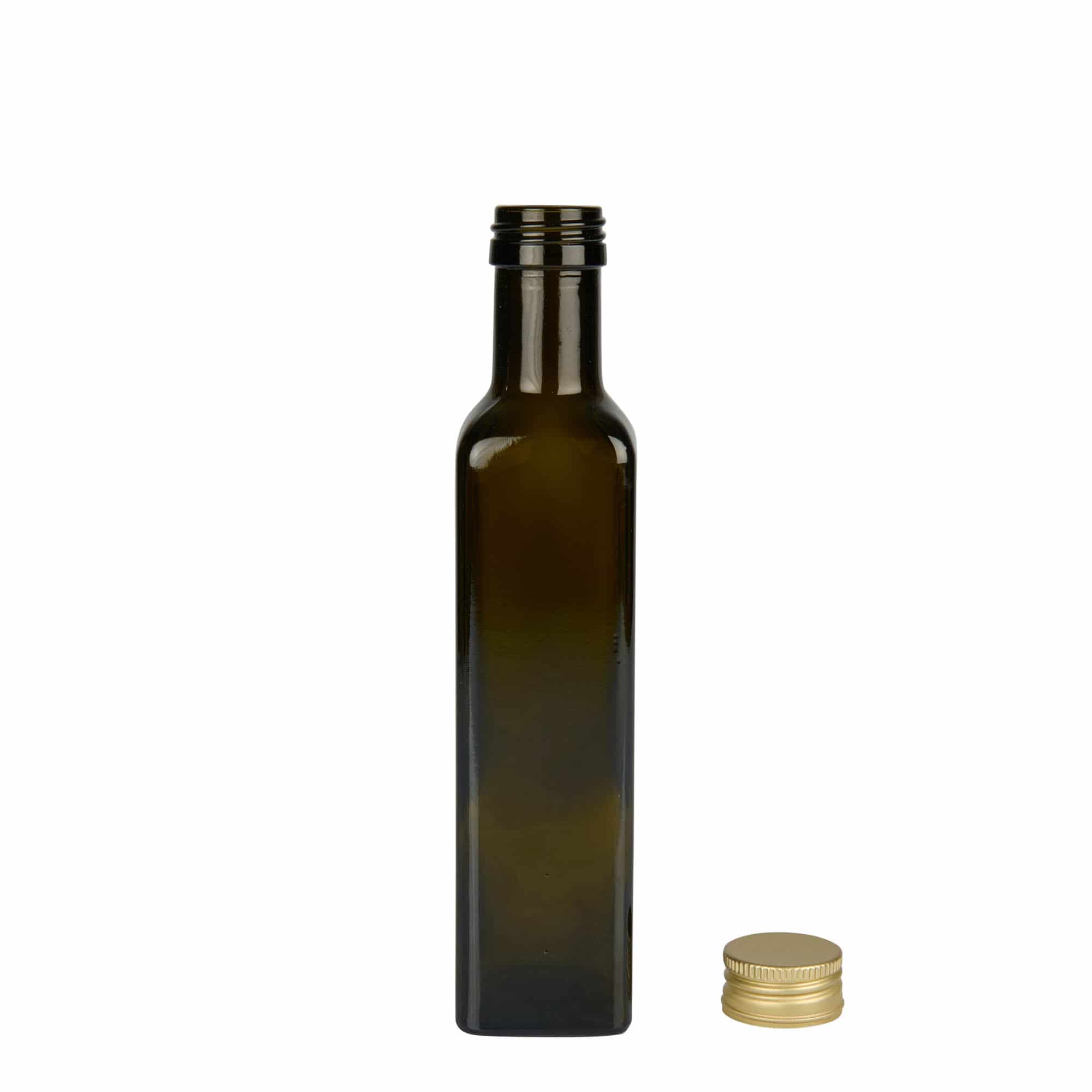 Sticlă de sticlă de 250 ml „Marasca”, pătrată, verde antic, gura: PP 31,5