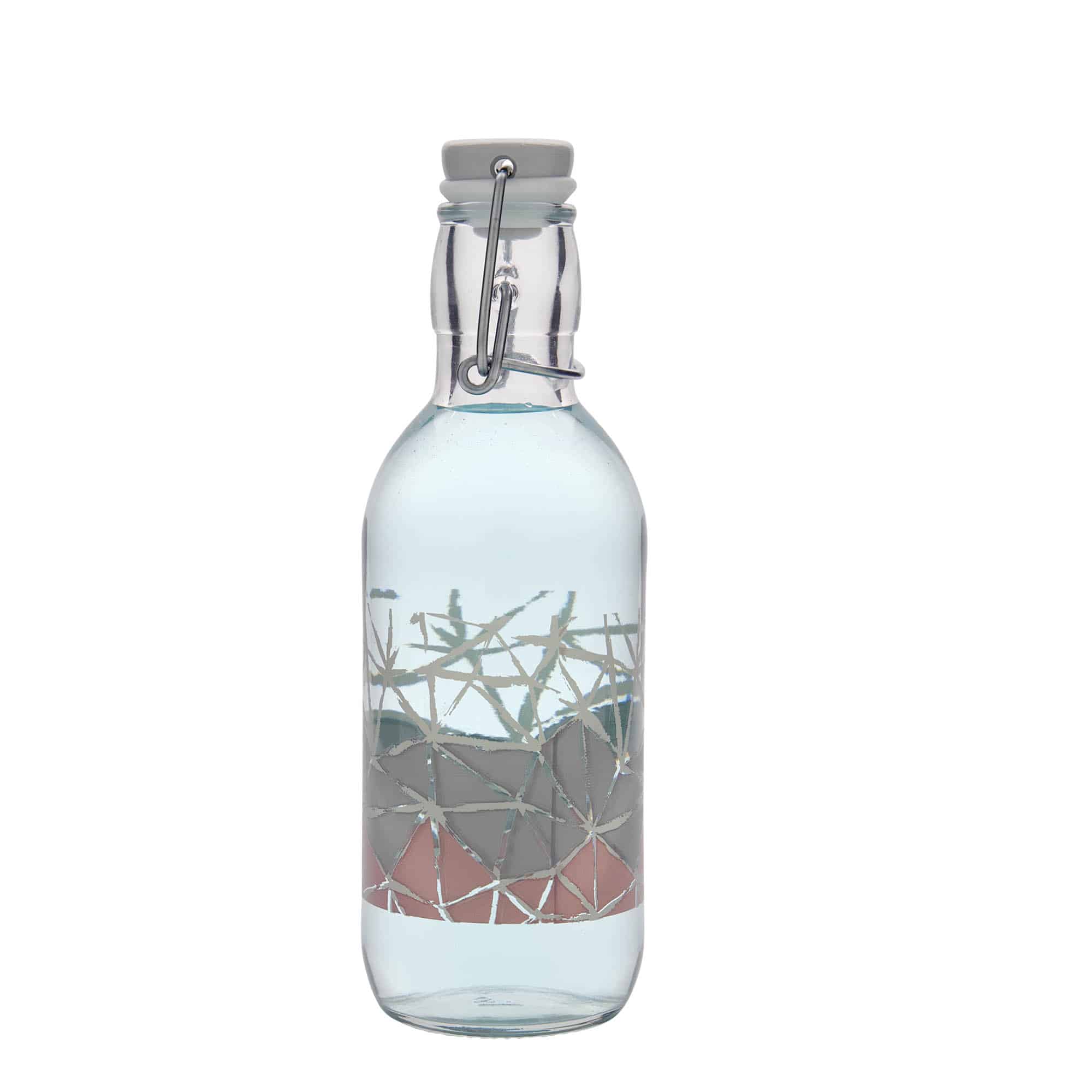 Sticlă de sticlă de 500 ml Emilia imprimată „Manolibera rosa”, gura: închidere cu clemă Sticlă de sticlă de 500 ml Emilia imprimată „Manolibera rosa”, gura: închidere cu clemă