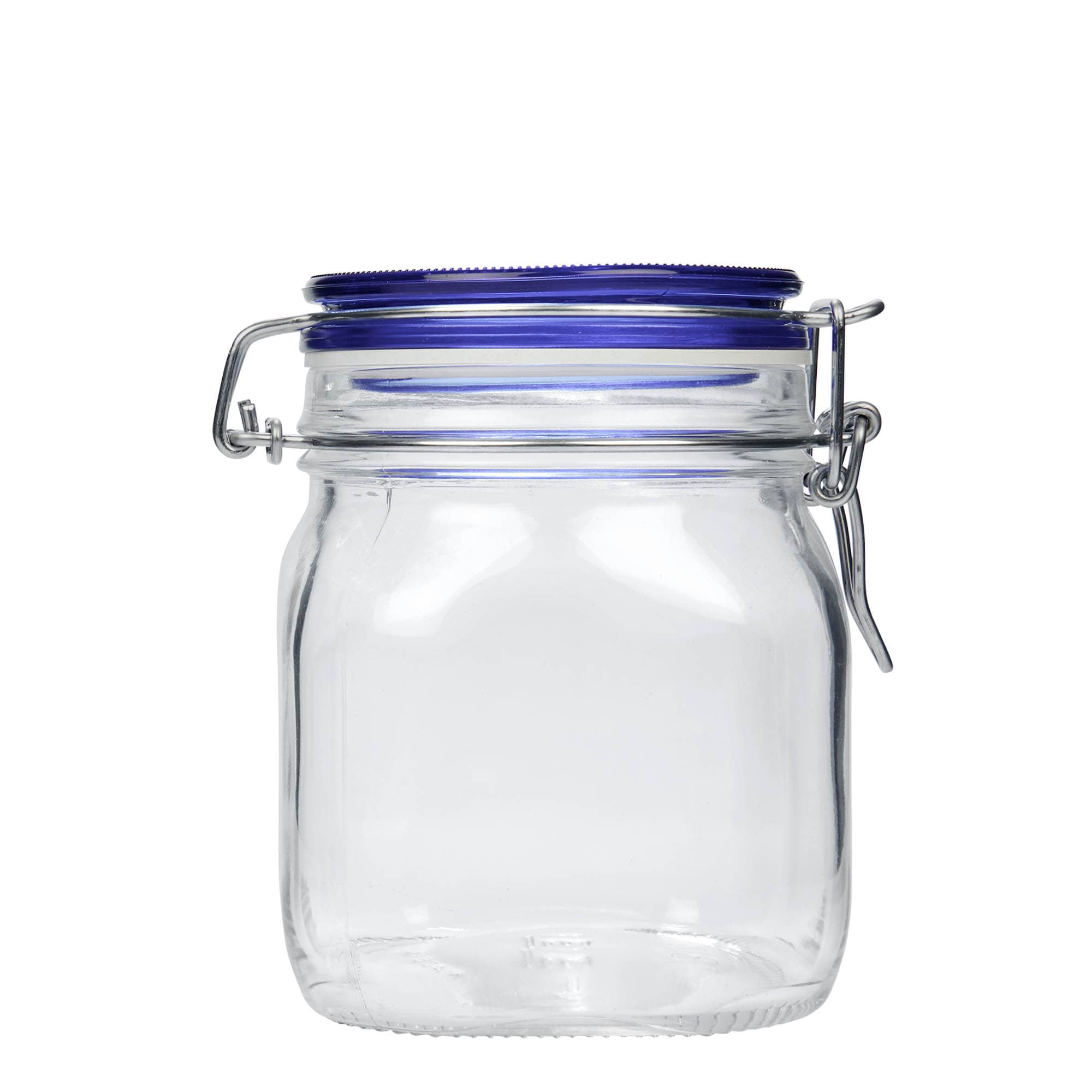 750 ml borcan cu clemă metalică „Fido” capac albastru, pătrat, gura: închidere cu clemă metalică