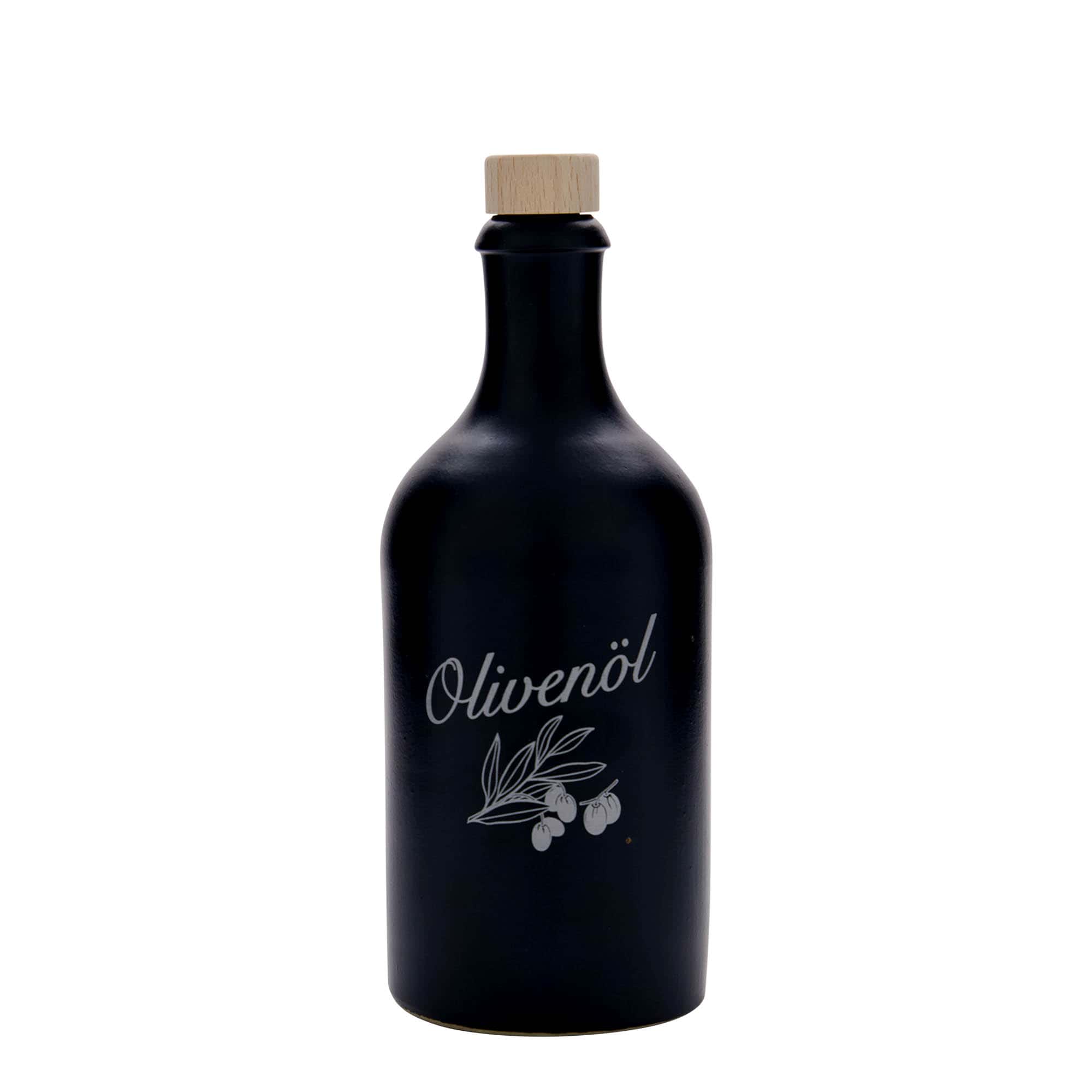 Ton de lut 500 ml, motiv: ulei de măsline, ceramică, negru, gură: dop de plută Ton de lut 500 ml, motiv: ulei de măsline, ceramică, negru, gură: dop de plută