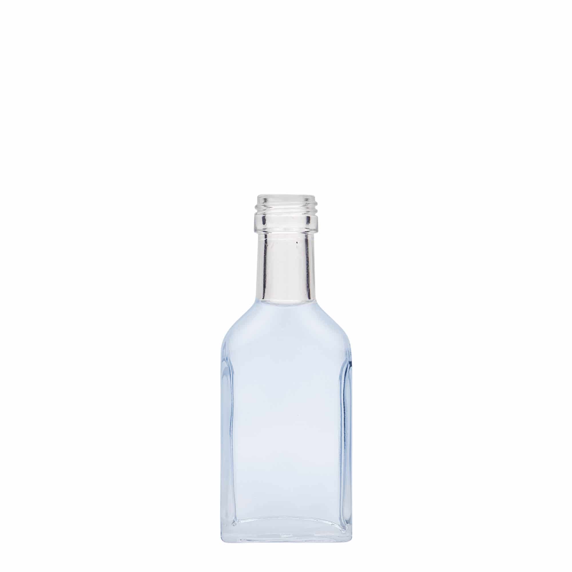 Sticluță de buzunar 40 ml, gât lung, dreptunghiulară, sticlă, gură: PP 22