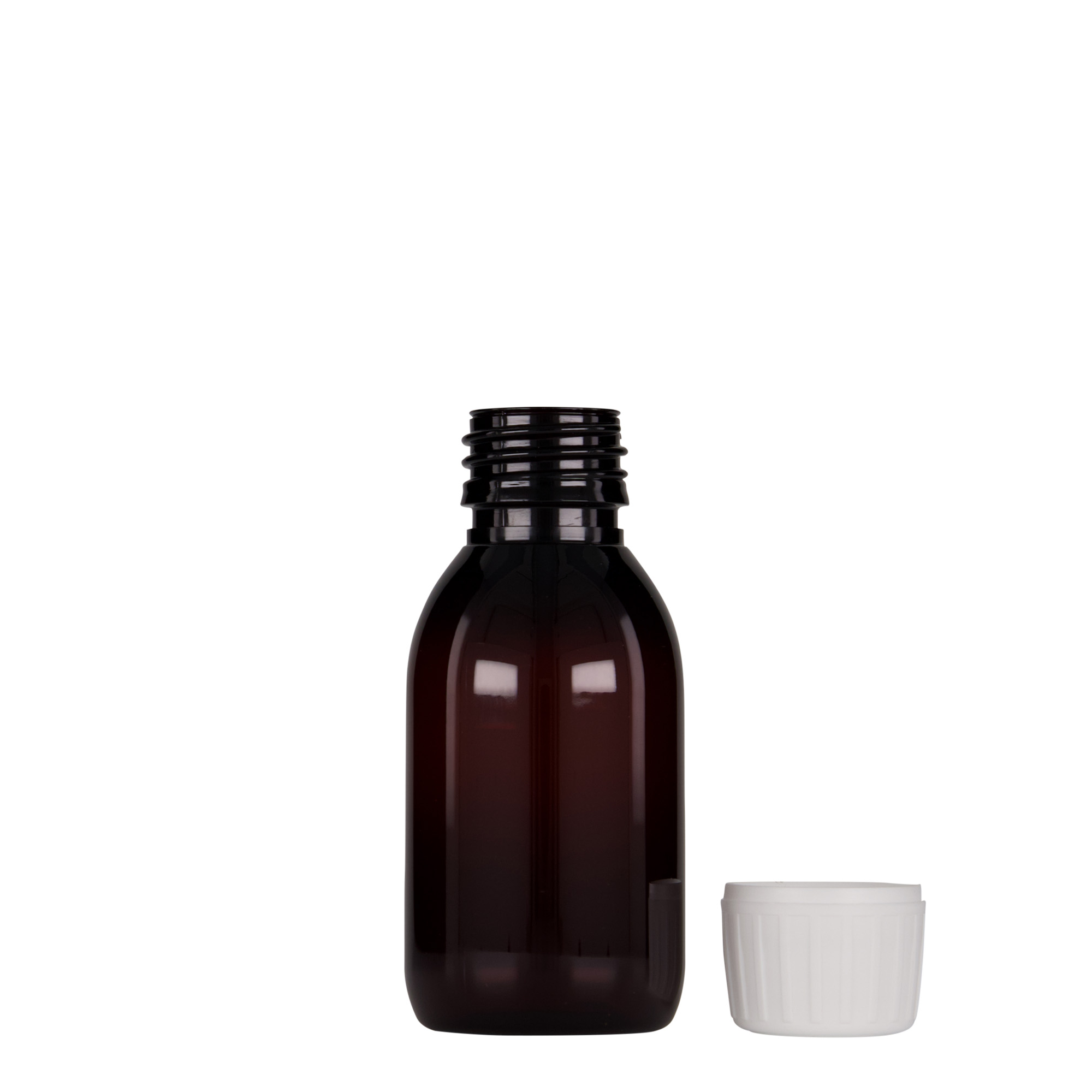 100 ml sticlă medicală PET, maro, plastic, gura: PP 28