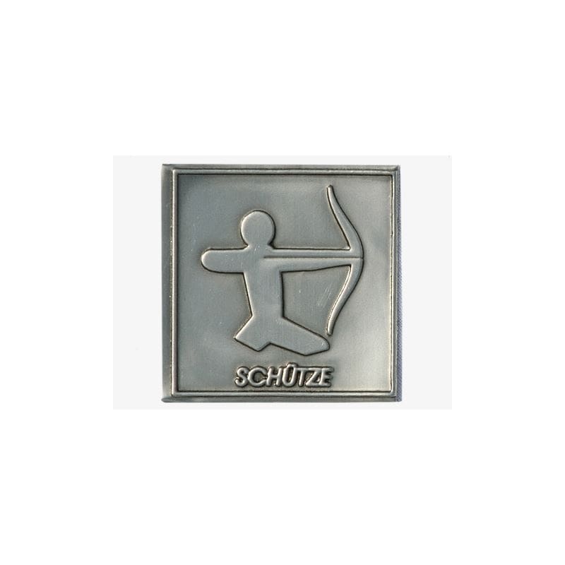 Etichetă de cositor „Săgetător”, pătrată, metal, argintiu