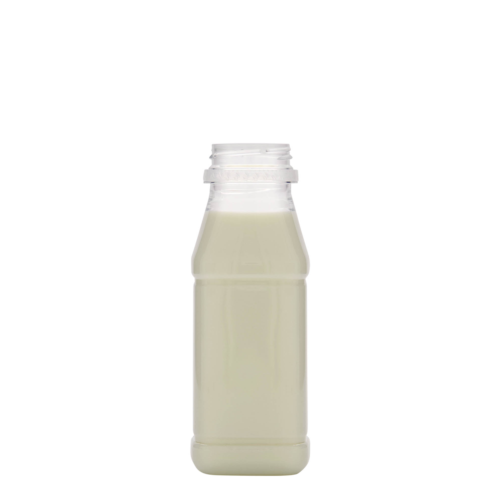 Sticlă PET de 250 ml „Milk and Juice Carré”, pătrată, din plastic, gât: 38 mm