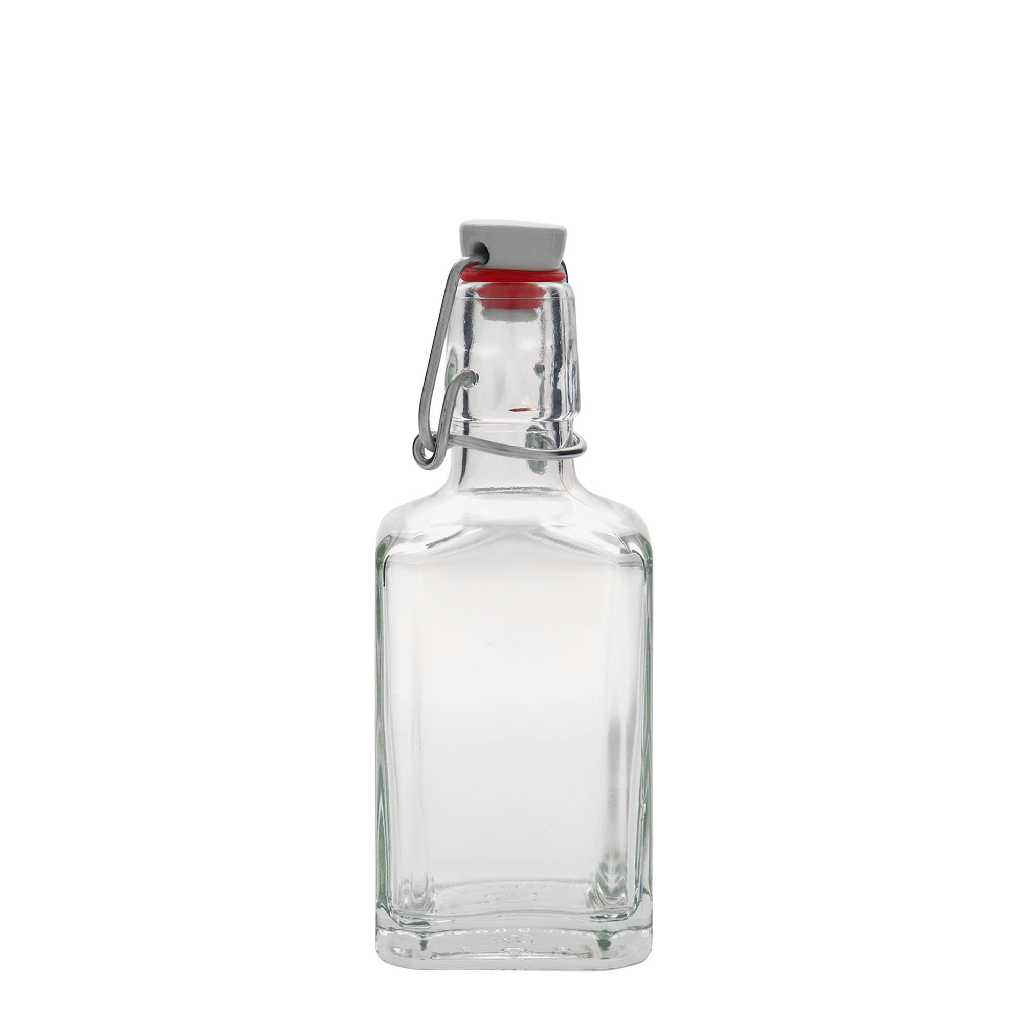 Sticlă de sticlă de 250 ml „Rialto”, pătrată, gura: închidere cu clemă Sticlă de sticlă de 250 ml „Rialto”, pătrată, gura: închidere cu clemă