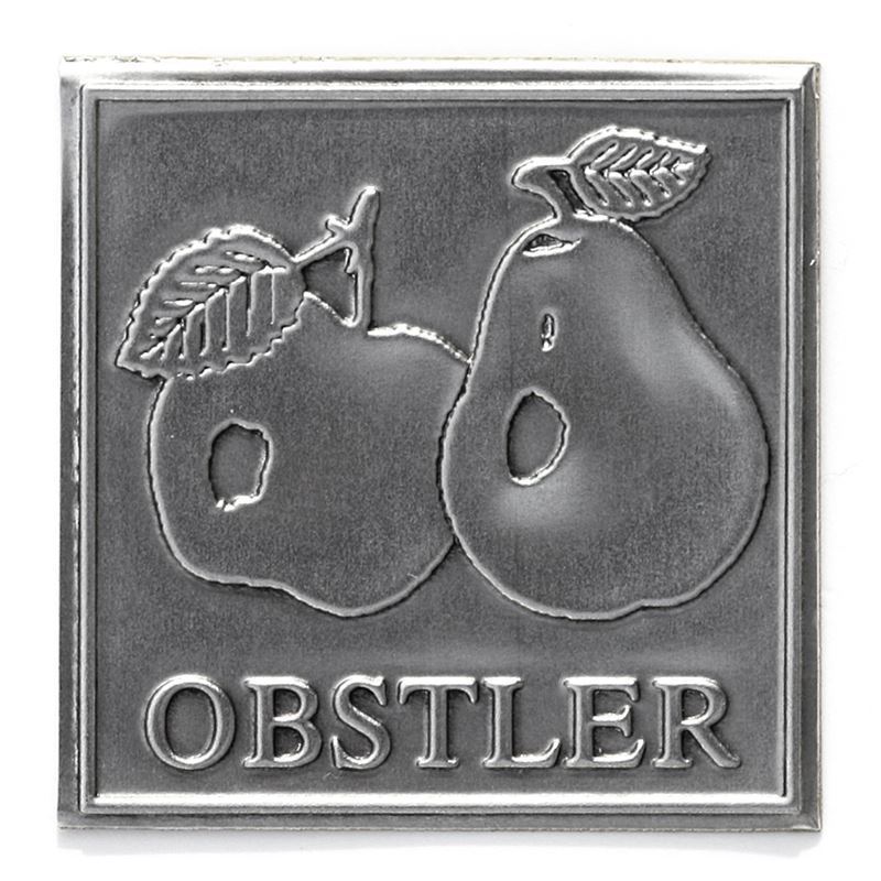 Etichetă de staniu „Obstler”, pătrată, metal, argintiu