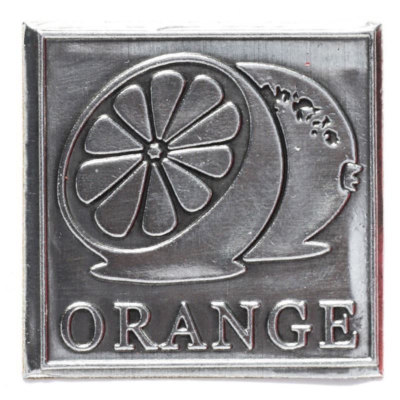 Etichetă de cositor „Portocaliu”, pătrată, metal, argintiu