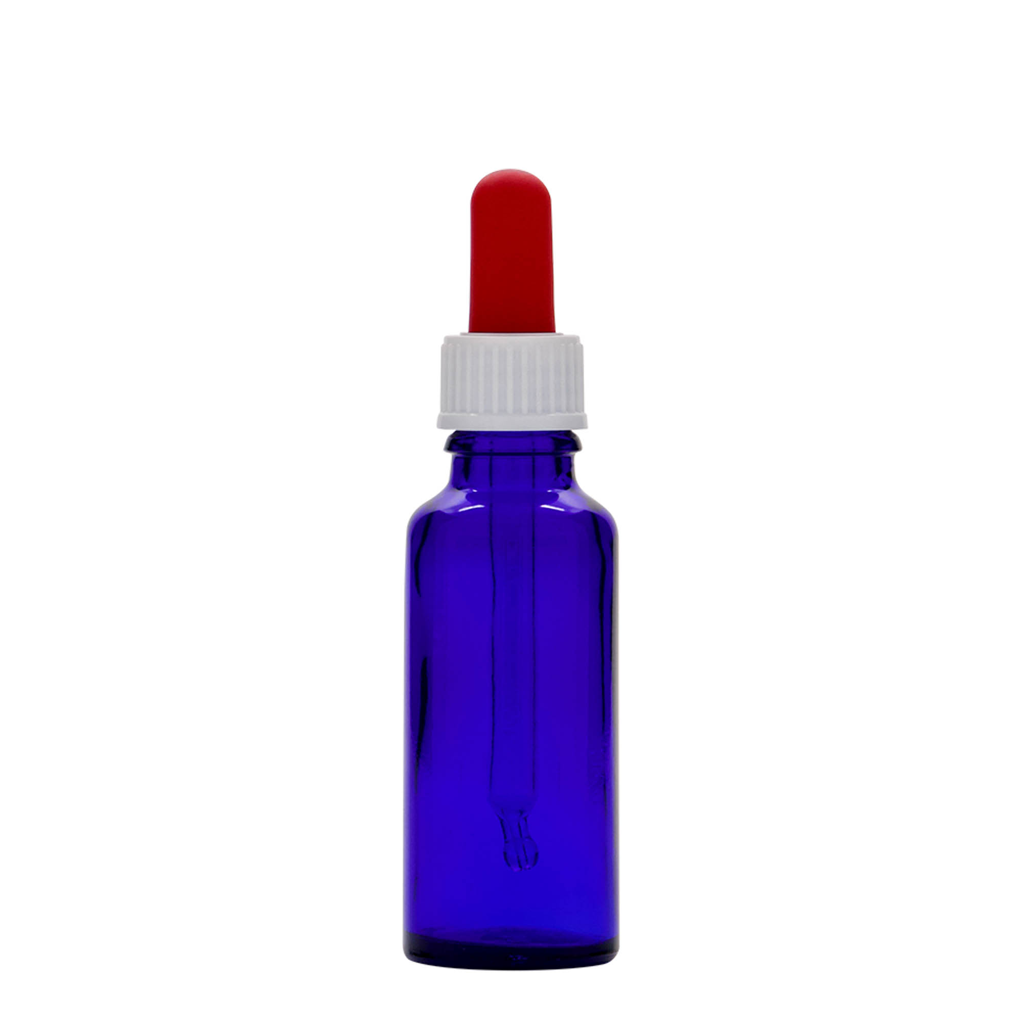 30 ml sticlă cu picurător, medicală, sticlă, albastru regal-roșu, gura: DIN 18