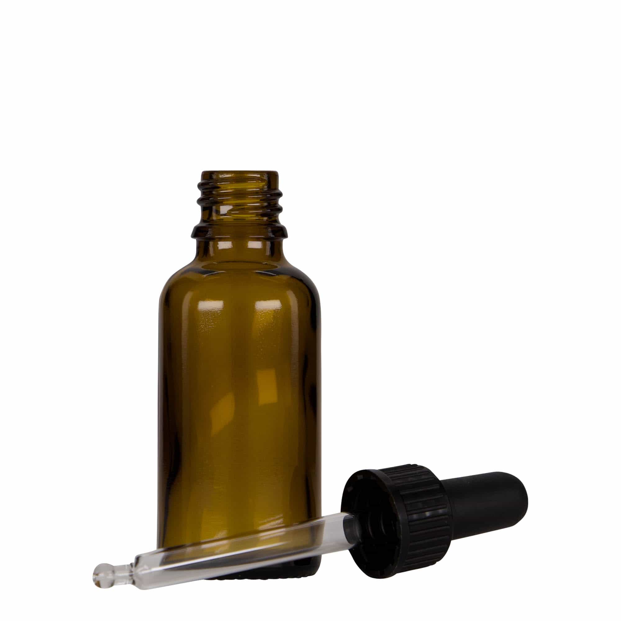 Flacon cu pipetă 30 ml Medicină, sticlă, maro-negru, gura: DIN 18