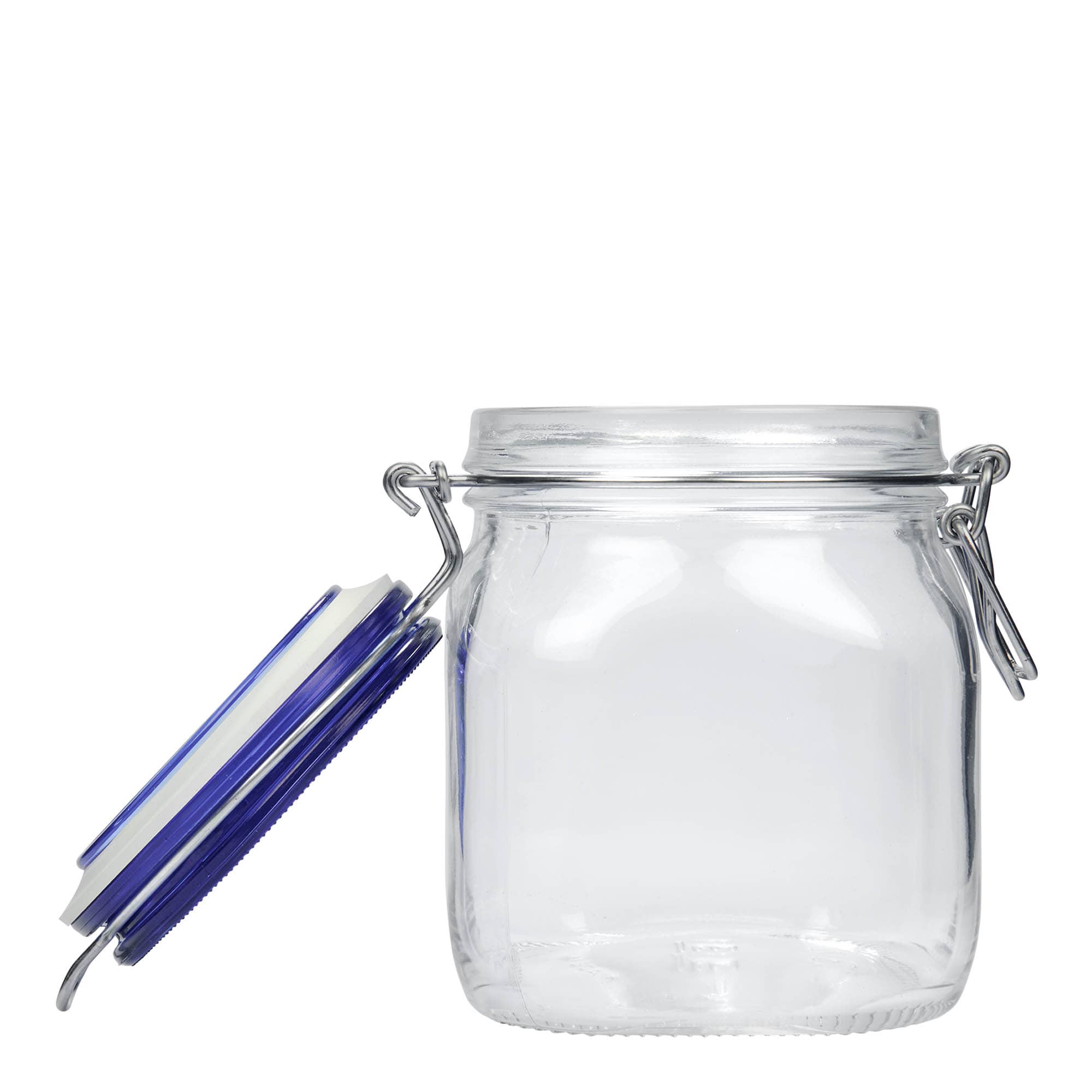 750 ml borcan cu clemă metalică „Fido” capac albastru, pătrat, gura: închidere cu clemă metalică
