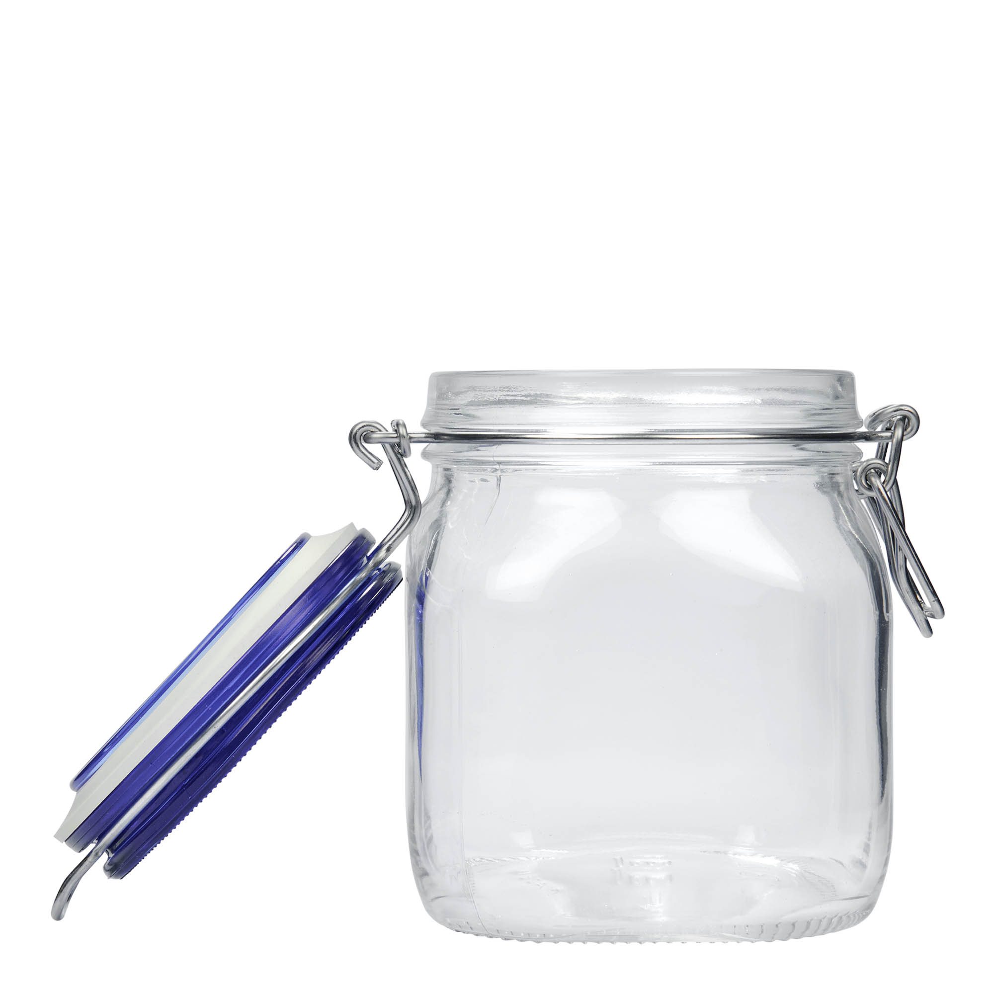 750 ml borcan cu clemă metalică „Fido” capac albastru, pătrat, gura: închidere cu clemă metalică
