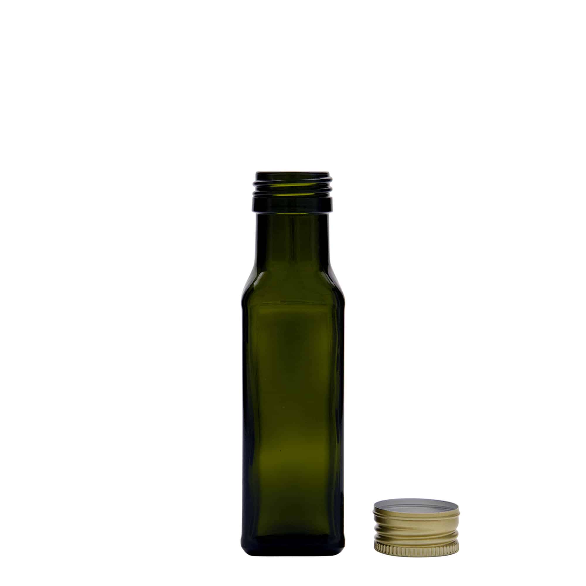 Sticlă de sticlă de 100 ml „Marasca”, pătrată, verde antic, gura: PP 31,5
