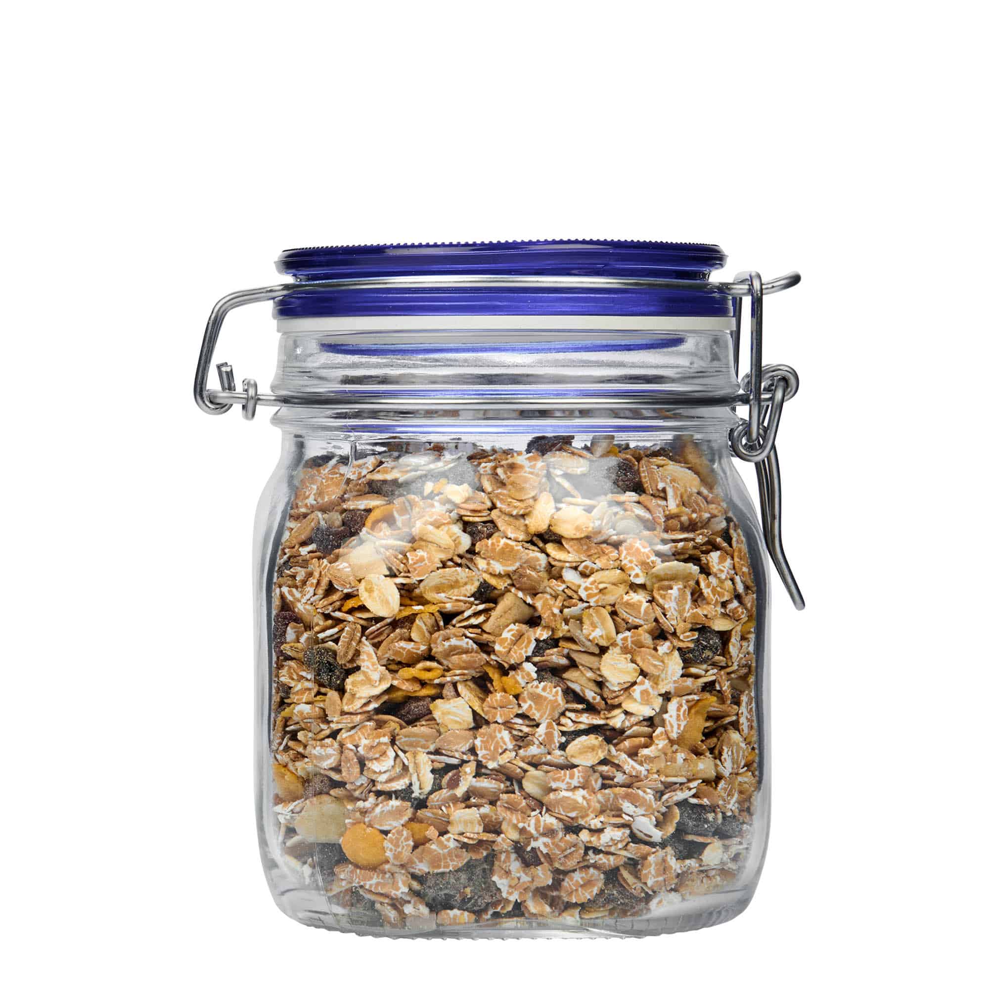 750 ml borcan cu clemă metalică „Fido” capac albastru, pătrat, gura: închidere cu clemă metalică