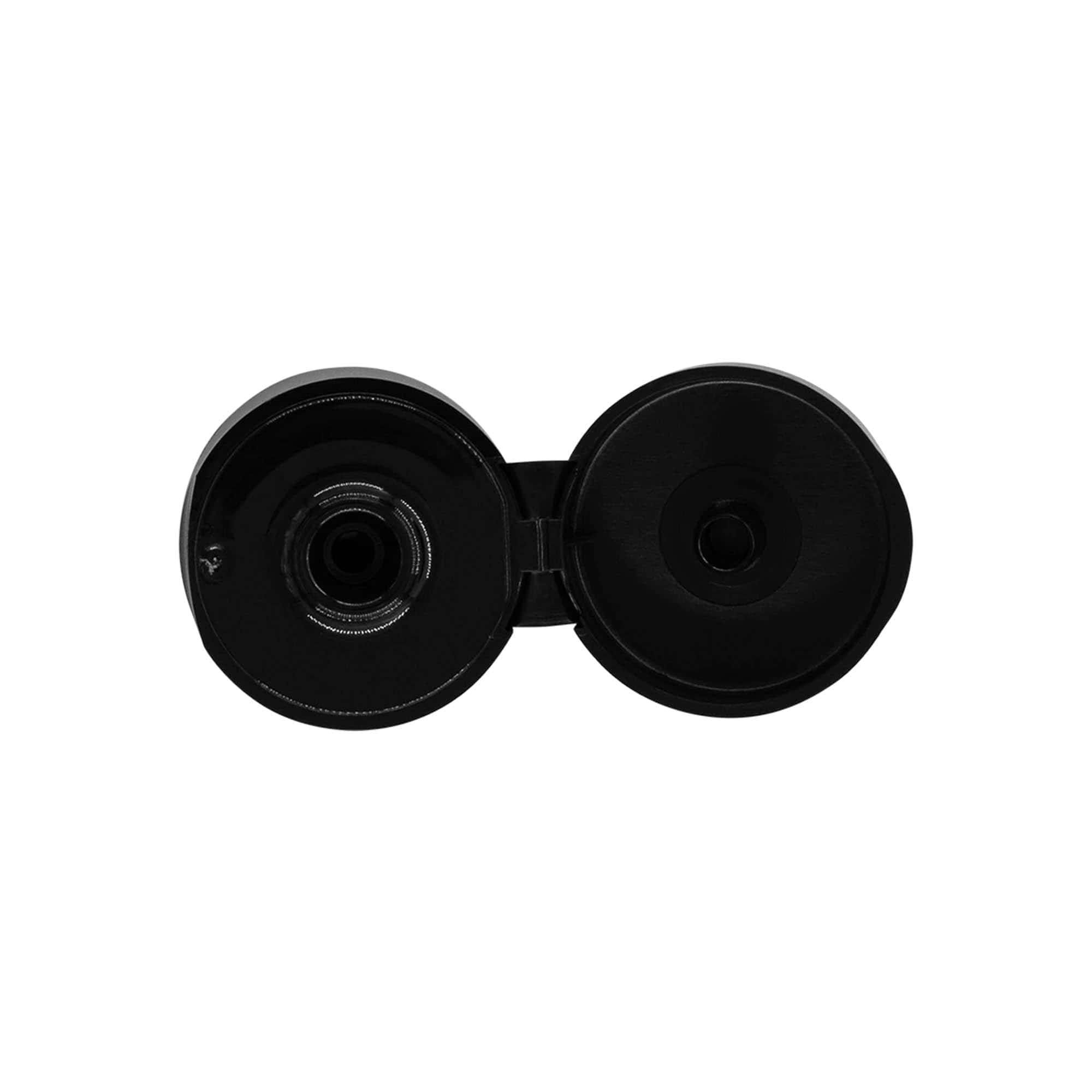 Capac cu filet, balama pliabilă, plastic PP, negru, pentru deschidere: 24/410