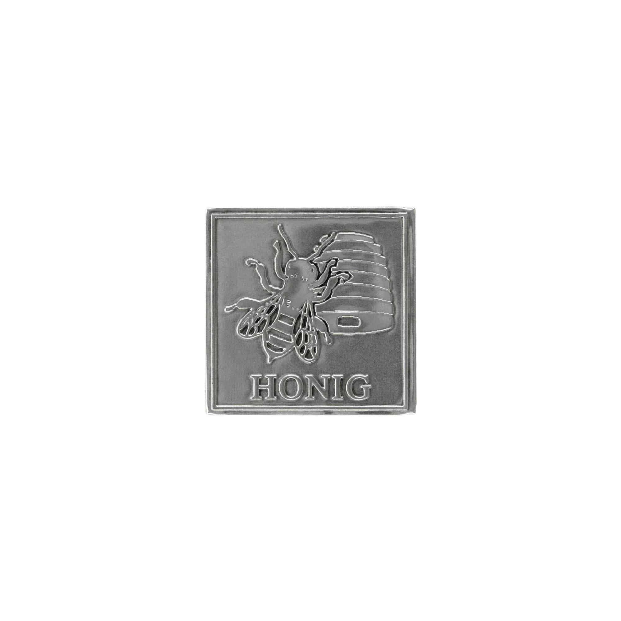 Etichetă de staniu „Miere”, pătrată, metal, argintiu