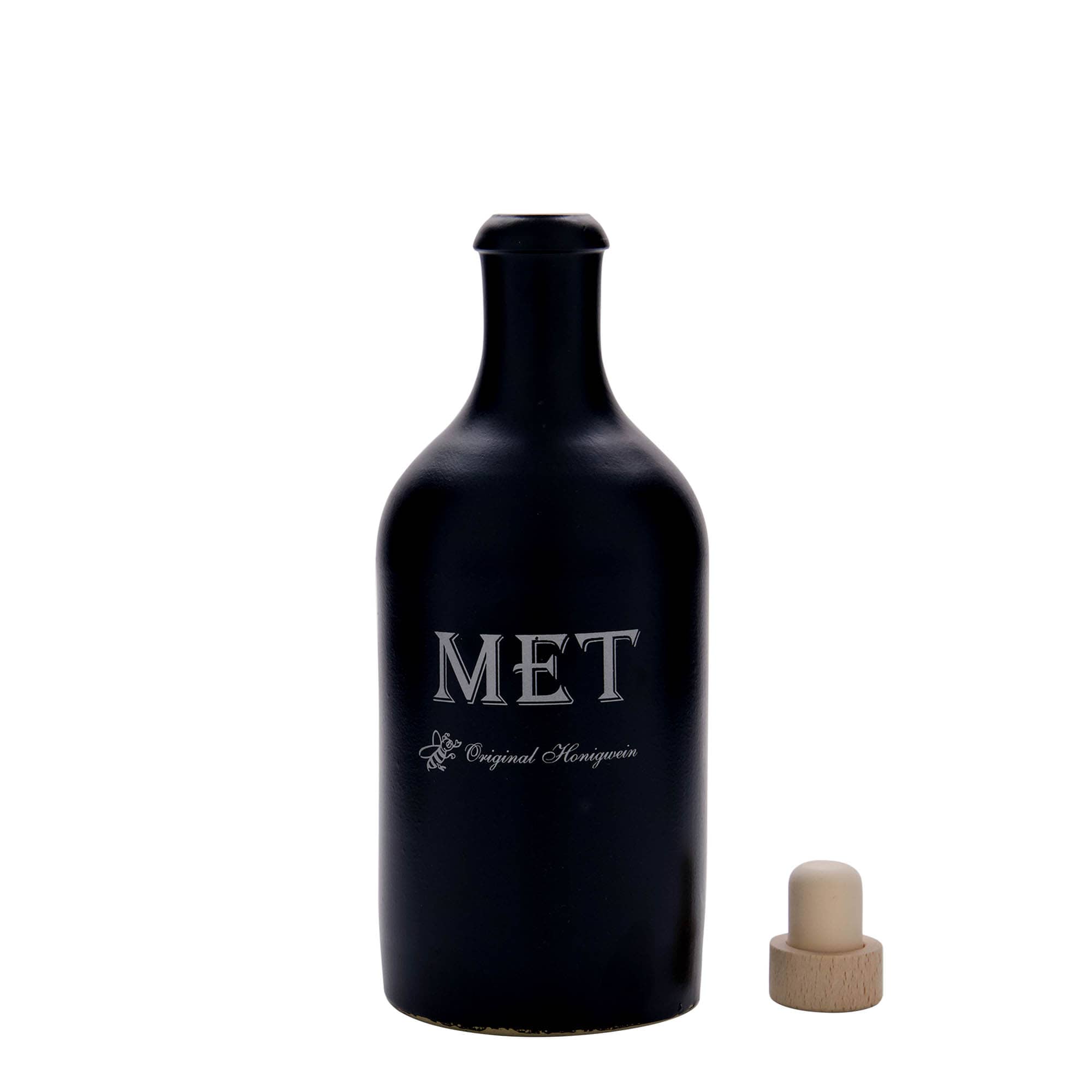 500 ml ulcior de lut, motiv: Met, ceramică de gresie, negru, gură: dop de plută