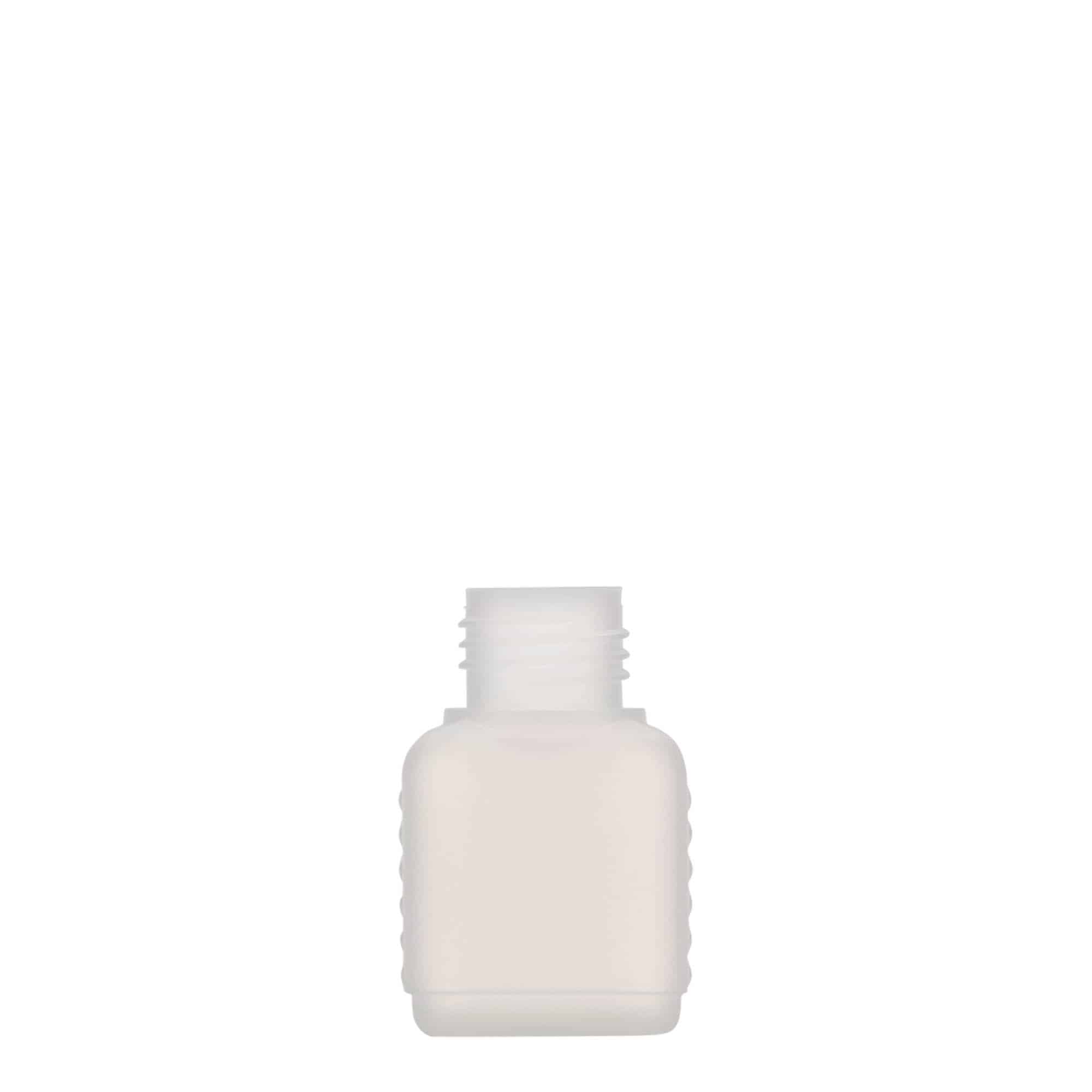 Sticlă canistră de 50 ml, dreptunghiulară, plastic HDPE, natural, gura: DIN 25 Sticlă canistră de 50 ml, dreptunghiulară, plastic HDPE, natural, gura: DIN 25