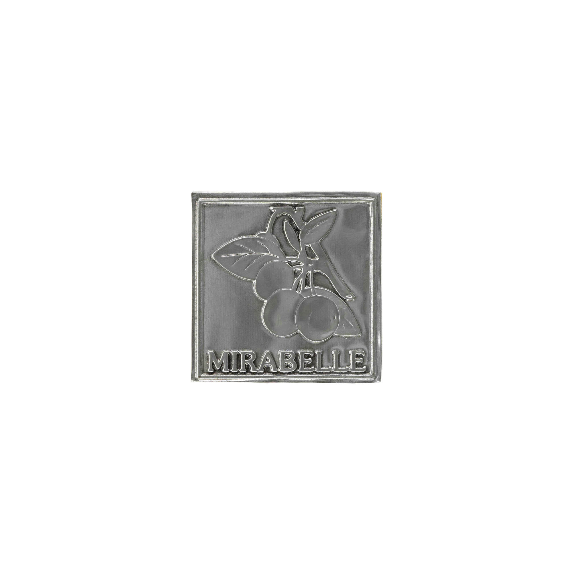 Etichetă de cositor „Mirabelle”, pătrată, metal, argintiu Etichetă de cositor „Mirabelle”, pătrată, metal, argintiu