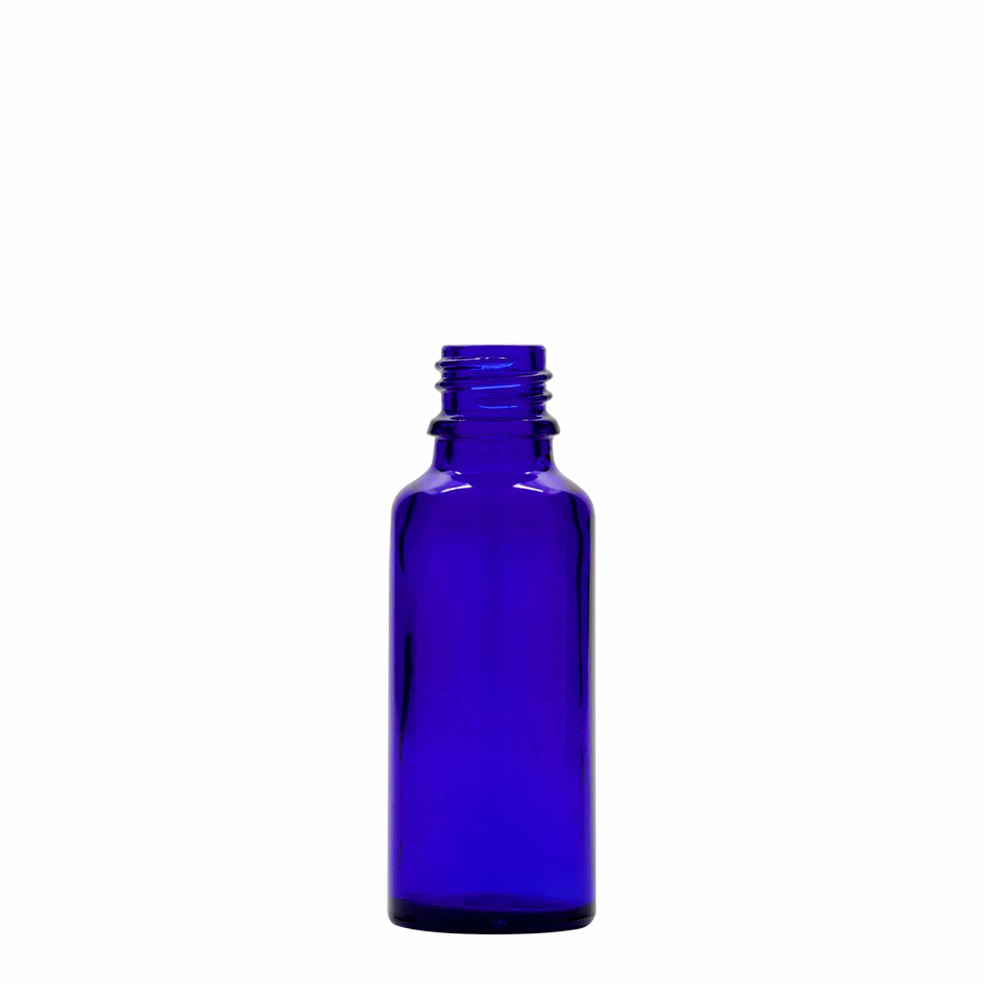 30 ml sticlă cu picurător, medicală, sticlă, albastru regal-roșu, gura: DIN 18