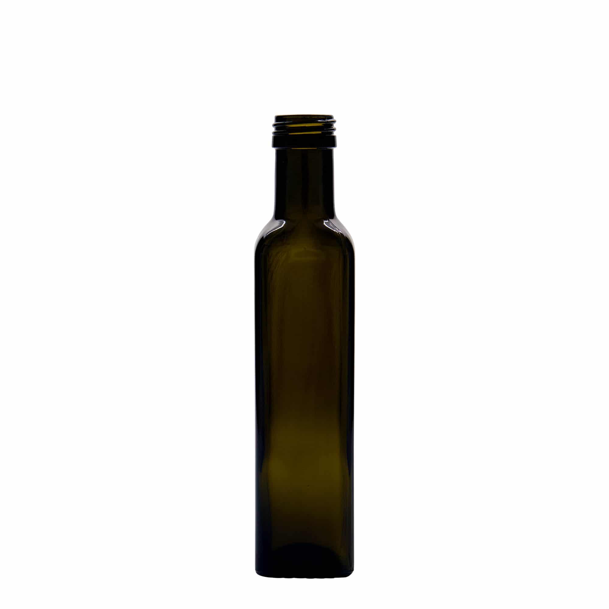 Sticlă de sticlă de 250 ml „Marasca”, pătrată, verde antic, gura: PP 31,5