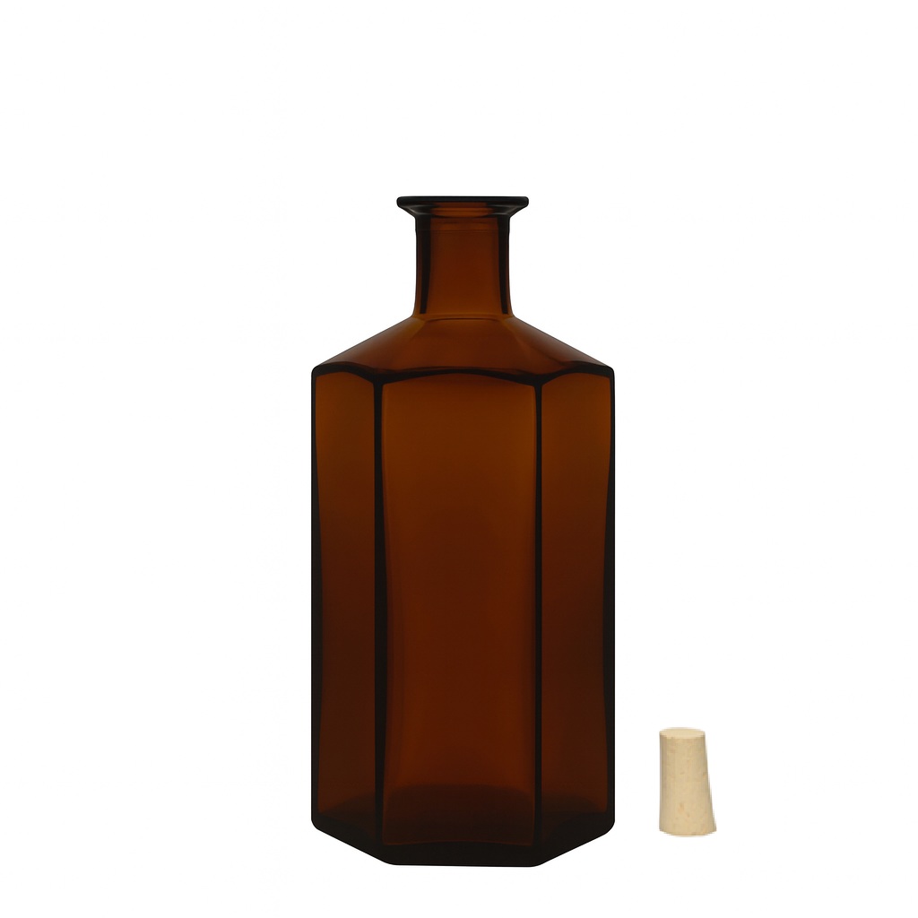 Sticlă de sticlă de 500 ml farmacist 'Jimmy', hexagonală, maro, gura: dop de plută Sticlă de sticlă de 500 ml farmacist 'Jimmy', hexagonală, maro, gura: dop de plută