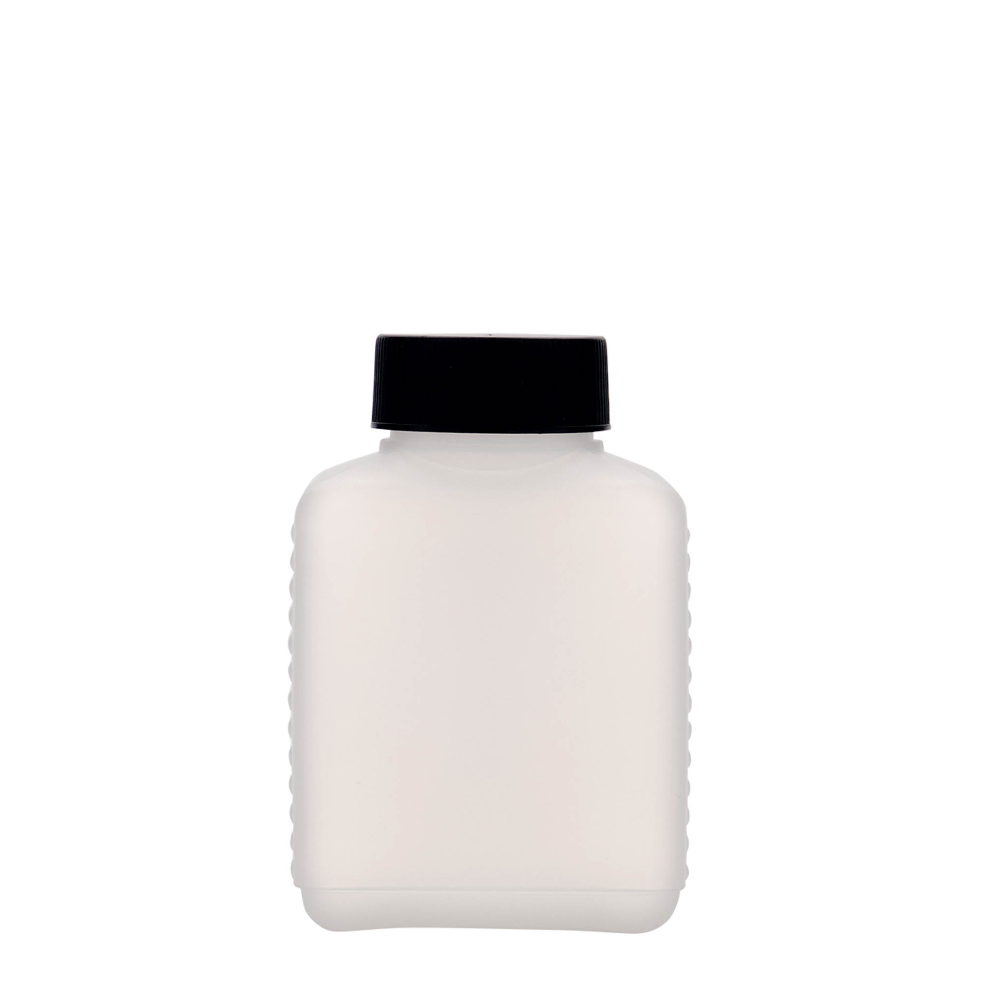 250 ml sticlă cu gât larg, dreptunghiulară, plastic HDPE, natural, gură: DIN 40 EPE