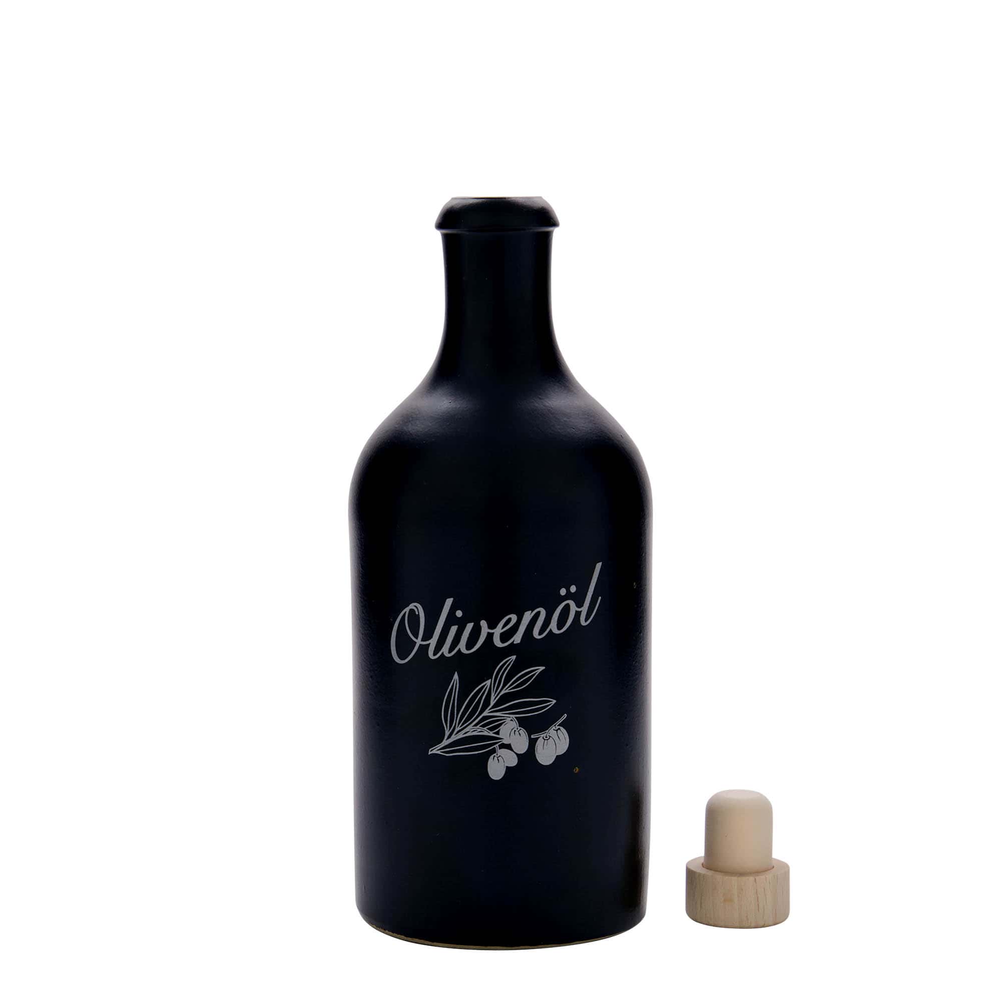Ton de lut 500 ml, motiv: ulei de măsline, ceramică, negru, gură: dop de plută