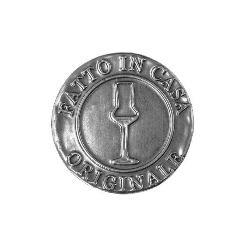Etichetă de cositor „Fatto in Casa”, rotundă, metal, argintiu