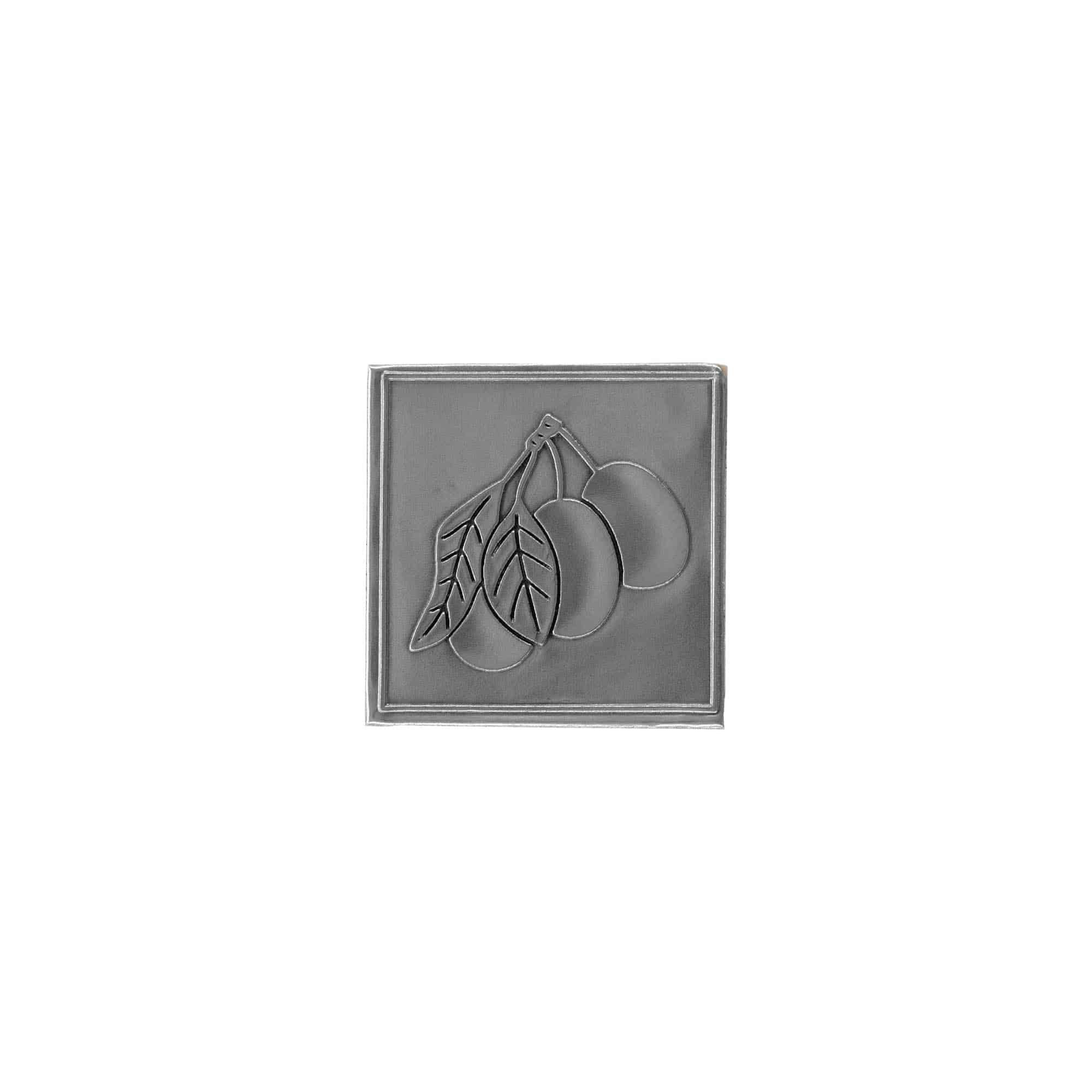 Etichetă pentru conservă „Prună”, pătrată, metalică, argintie