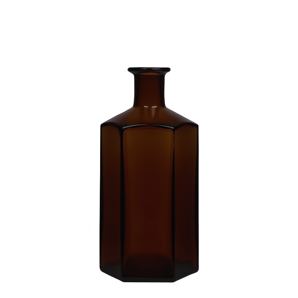 Sticlă de sticlă de 500 ml farmacist 'Jimmy', hexagonală, maro, gura: dop de plută Sticlă de sticlă de 500 ml farmacist 'Jimmy', hexagonală, maro, gura: dop de plută